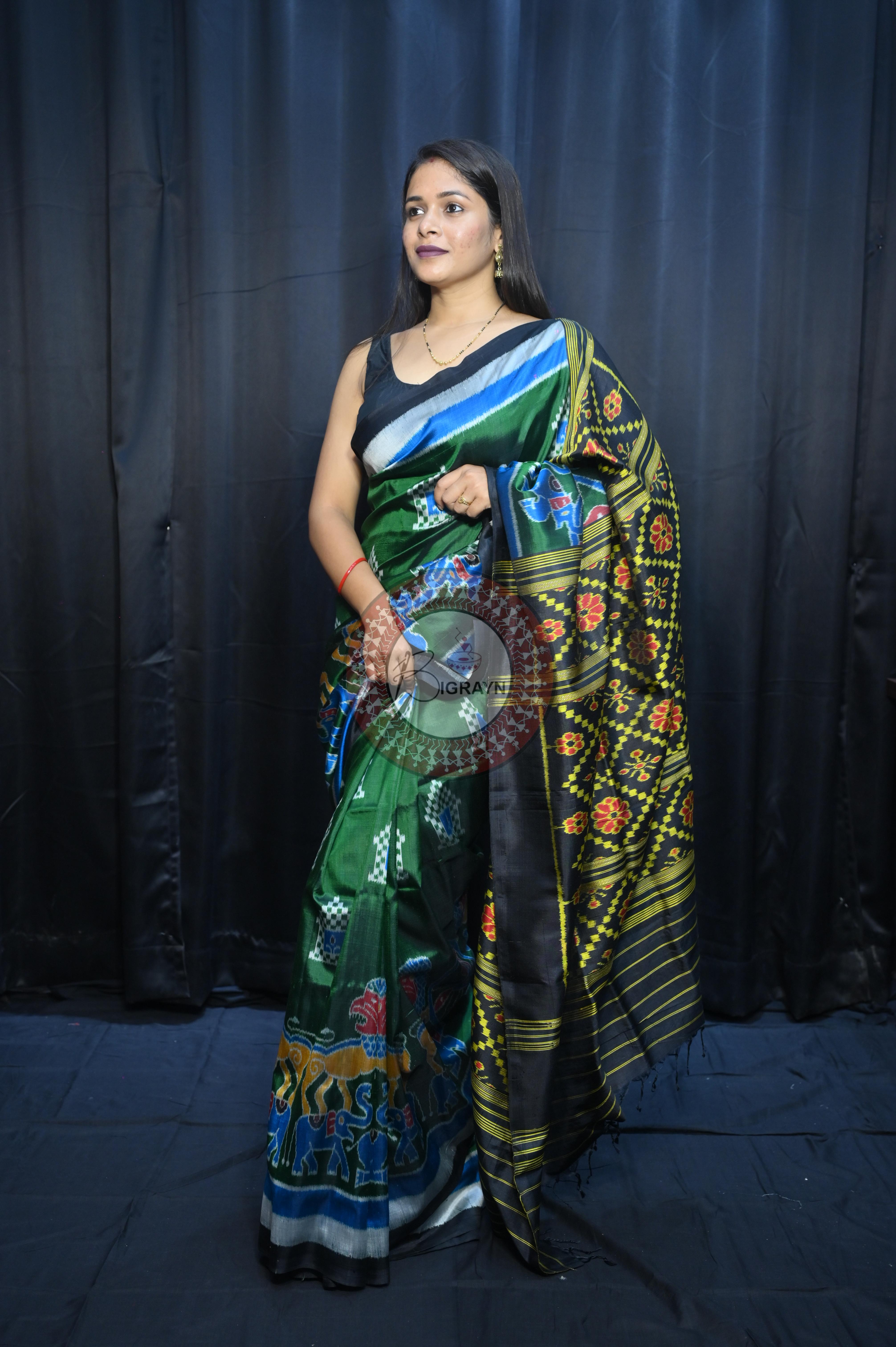 Buttle Green Multi Colour Scot Elephant And Konark Wheel Design Mulberry Silk Saree