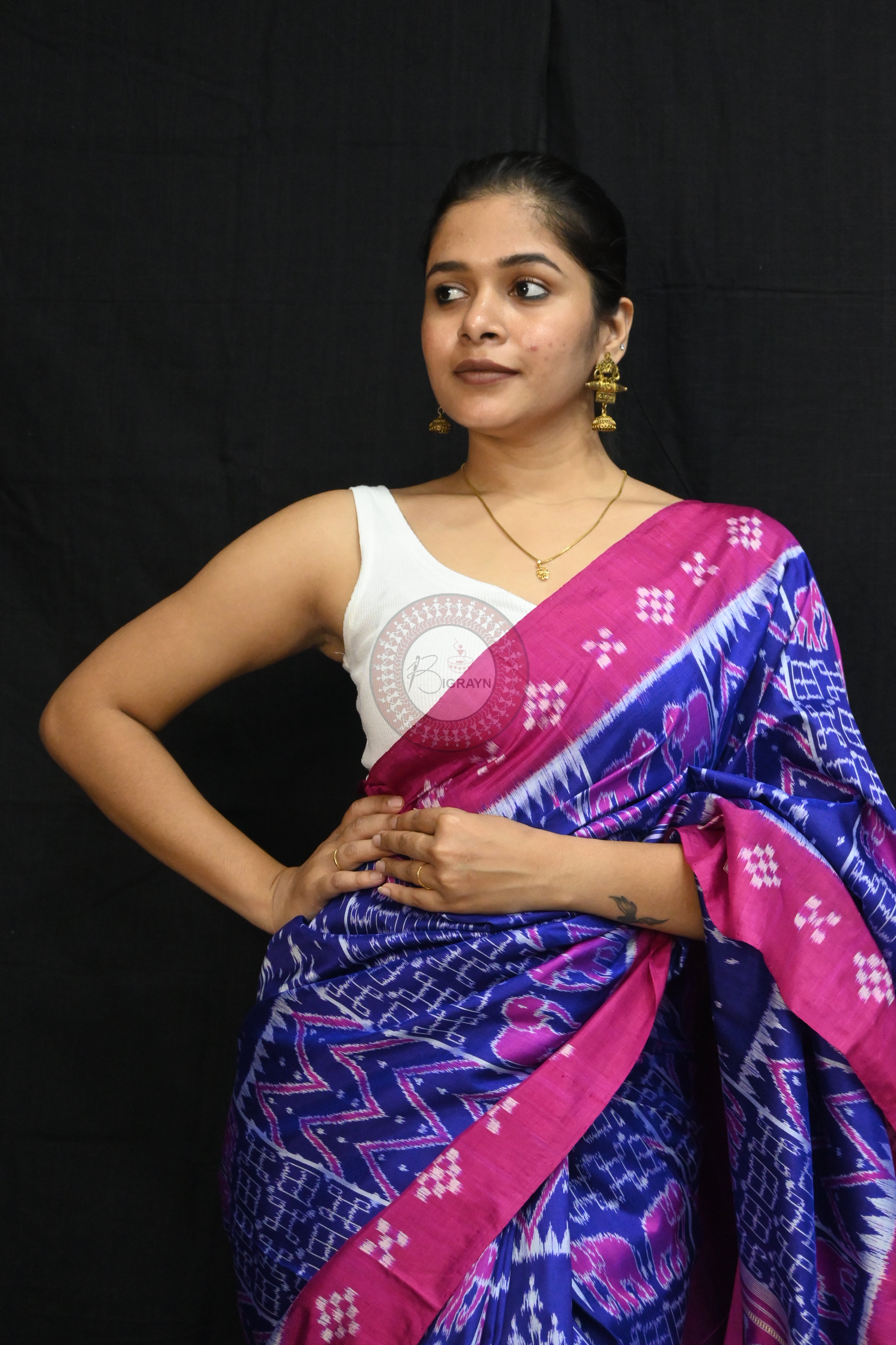 Blue Magenta Tribals Elephants Mulberry Silk Saree