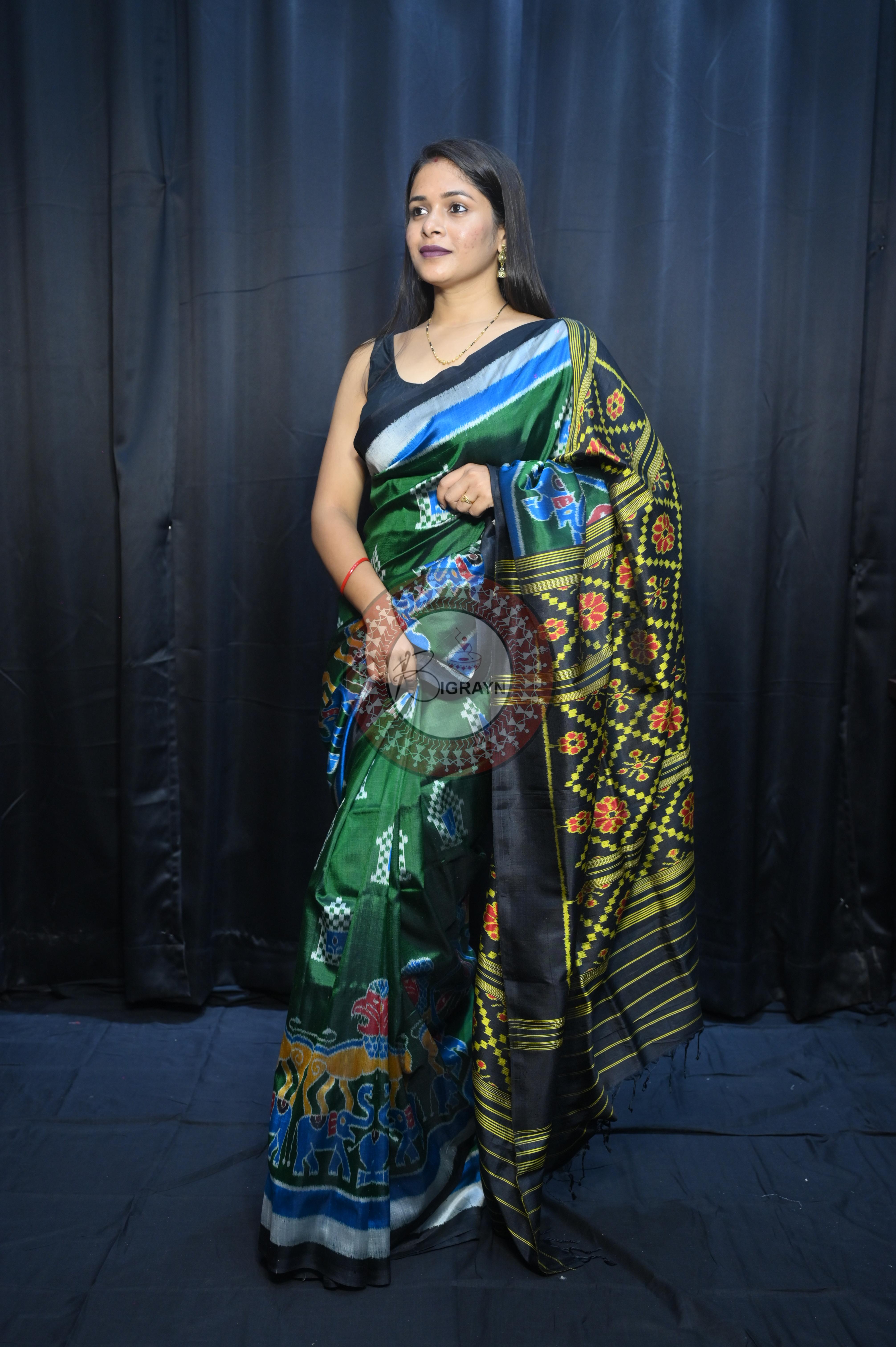 Buttle Green Multi Colour Scot Elephant And Konark Wheel Design Mulberry Silk Saree