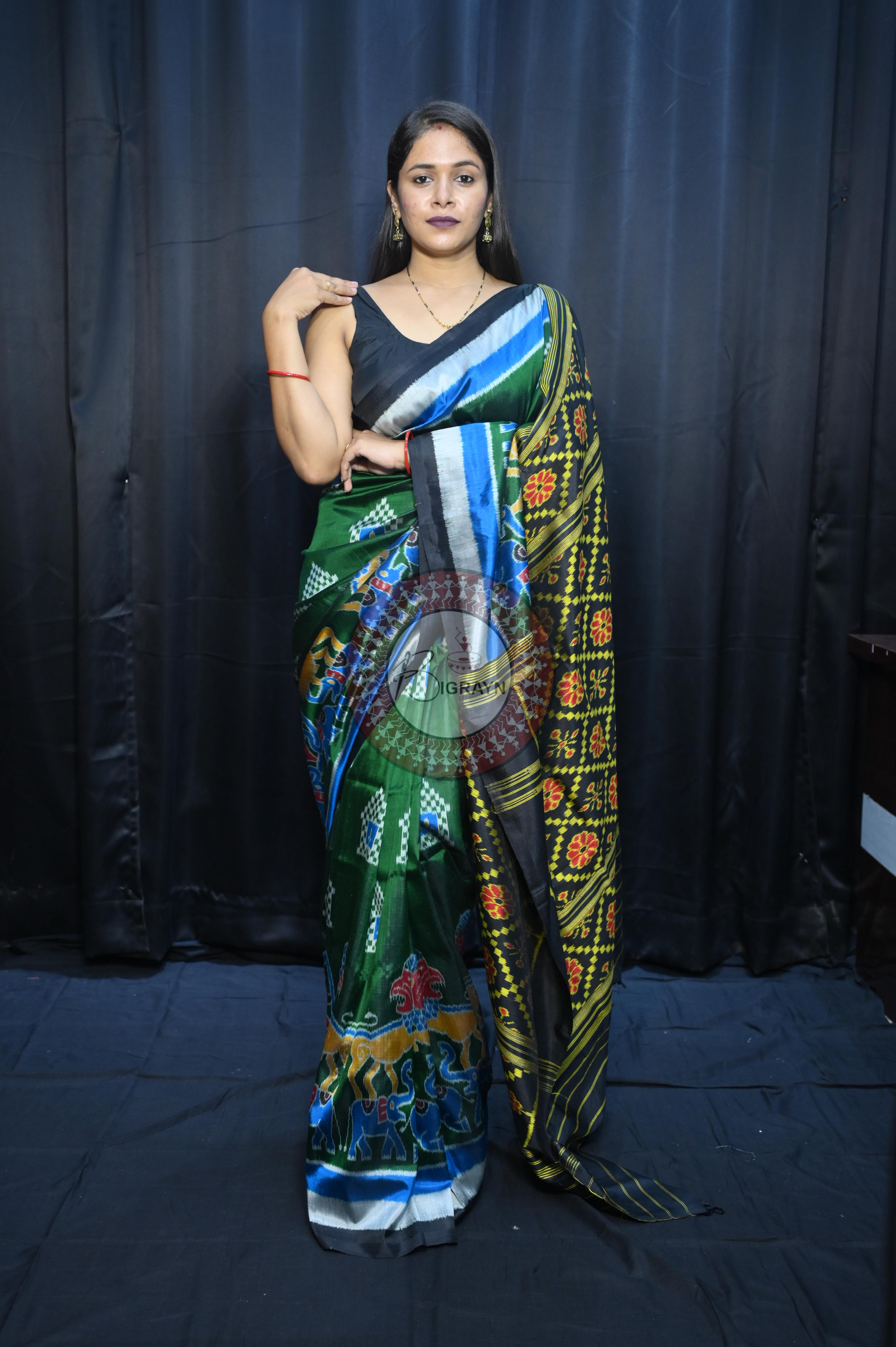Buttle Green Multi Colour Scot Elephant And Konark Wheel Design Mulberry Silk Saree