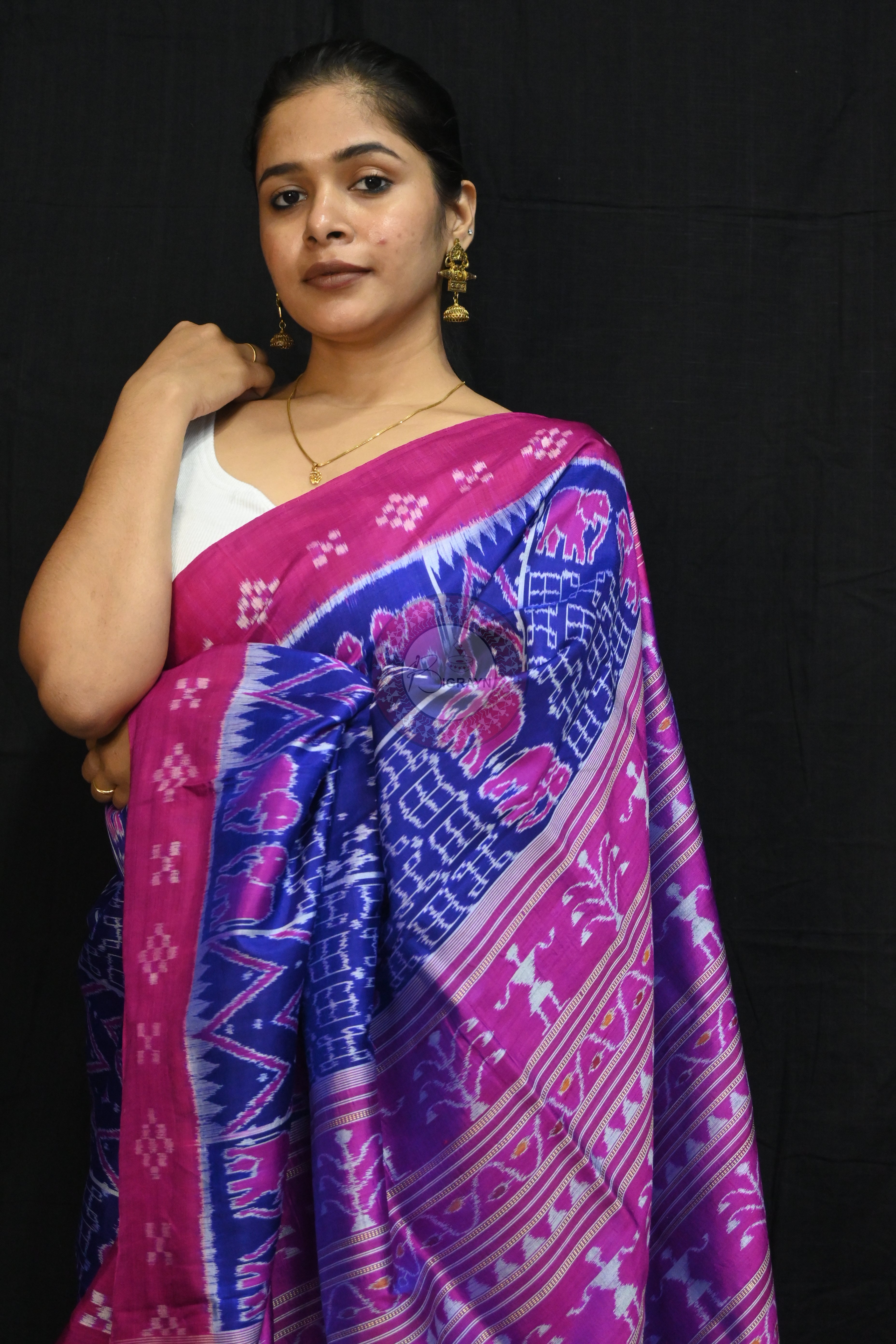 Blue Magenta Tribals Elephants Mulberry Silk Saree