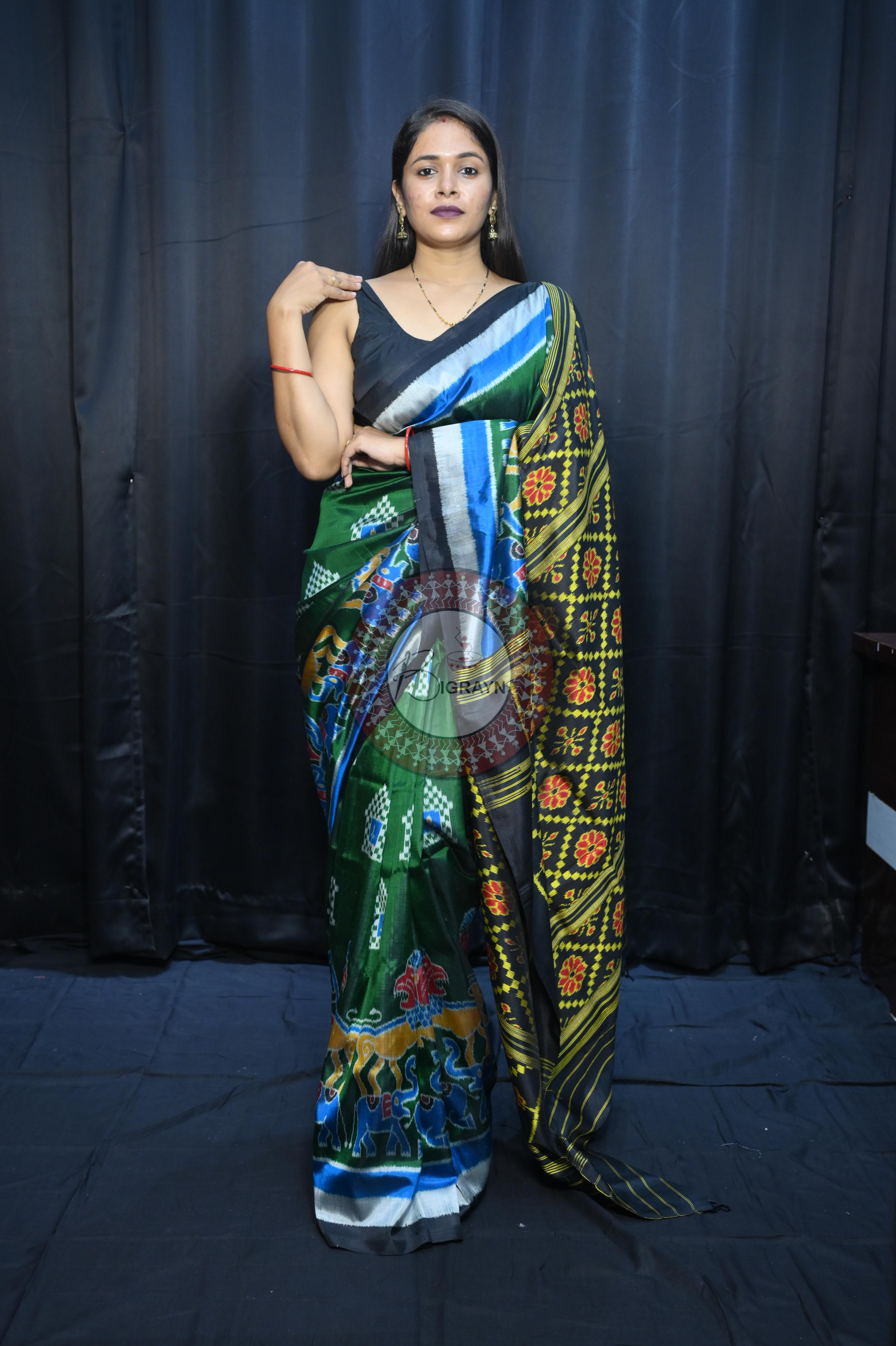 Buttle Green Multi Colour Scot Elephant And Konark Wheel Design Mulberry Silk Saree