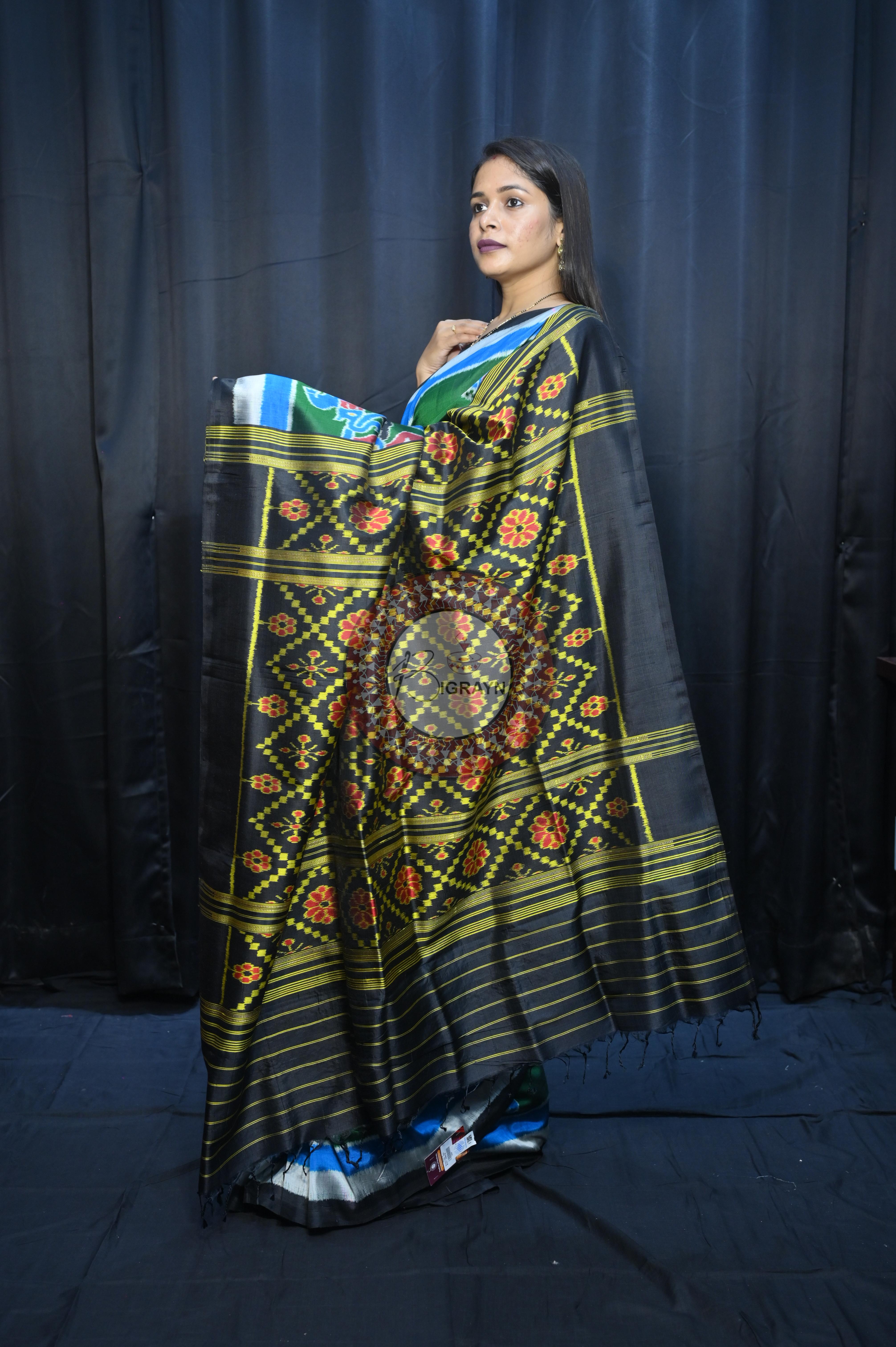 Buttle Green Multi Colour Scot Elephant And Konark Wheel Design Mulberry Silk Saree