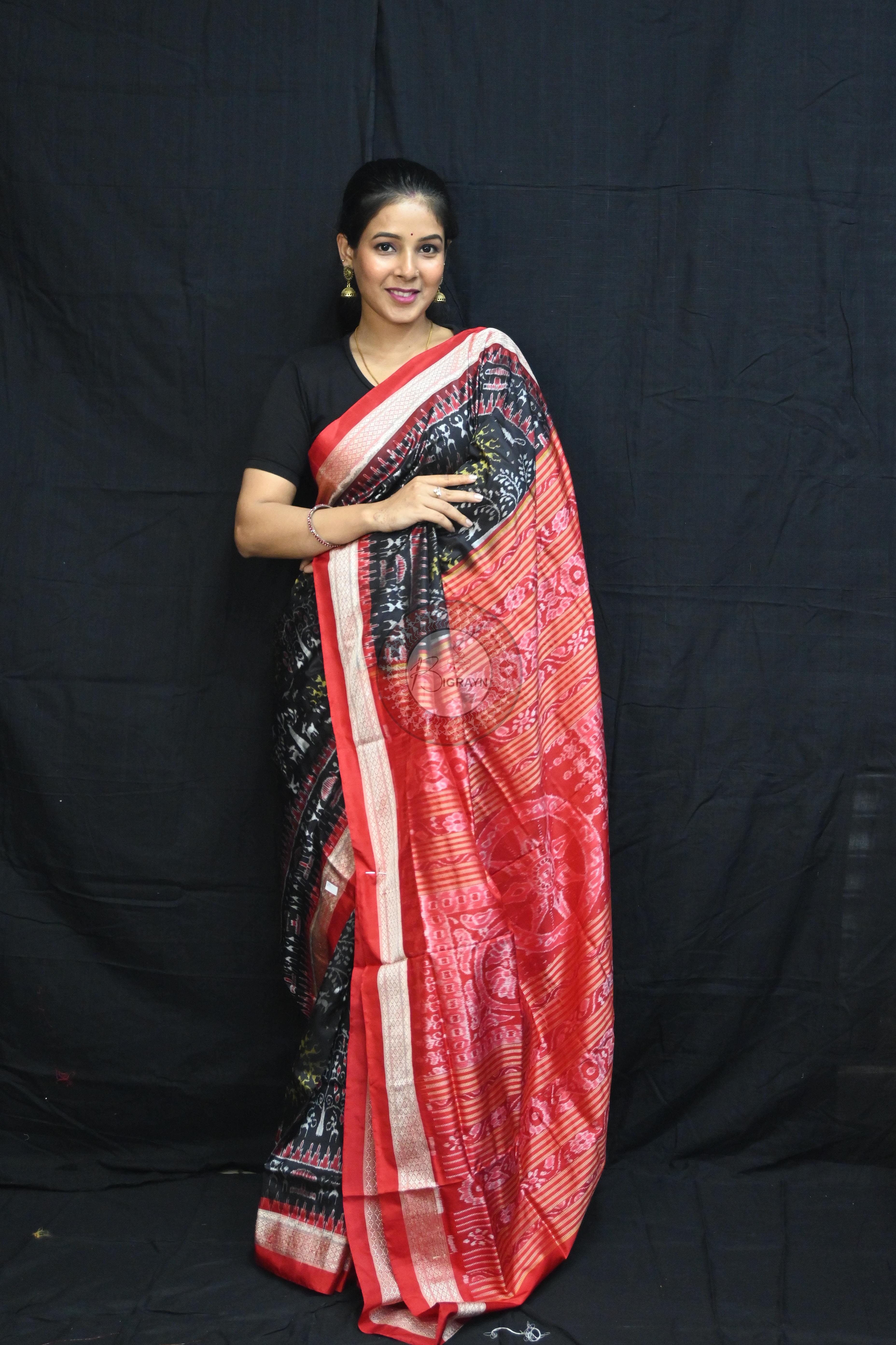 Black Red Trees Tribal Circles Sambalpuri Silk