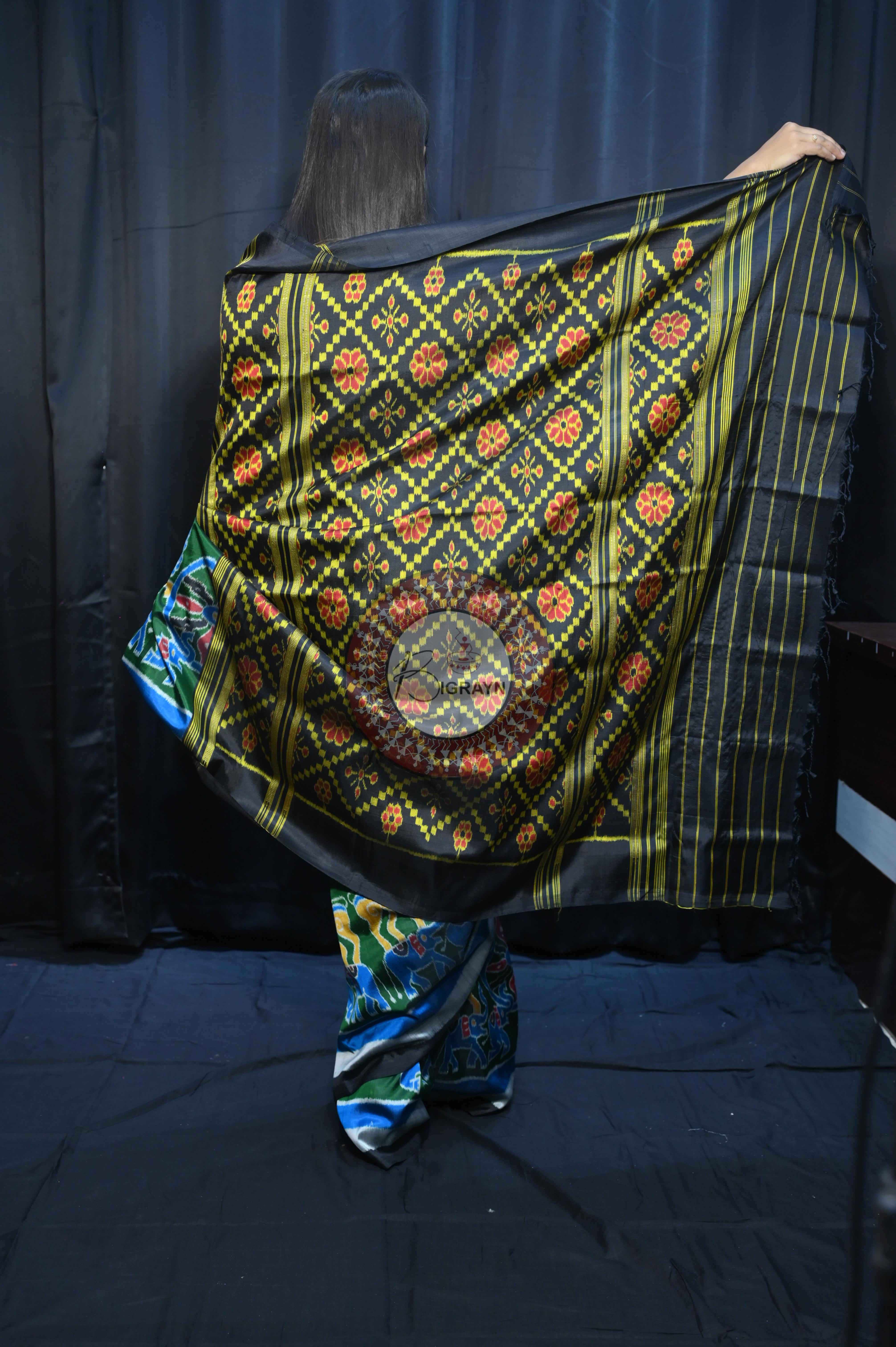 Buttle Green Multi Colour Scot Elephant And Konark Wheel Design Mulberry Silk Saree