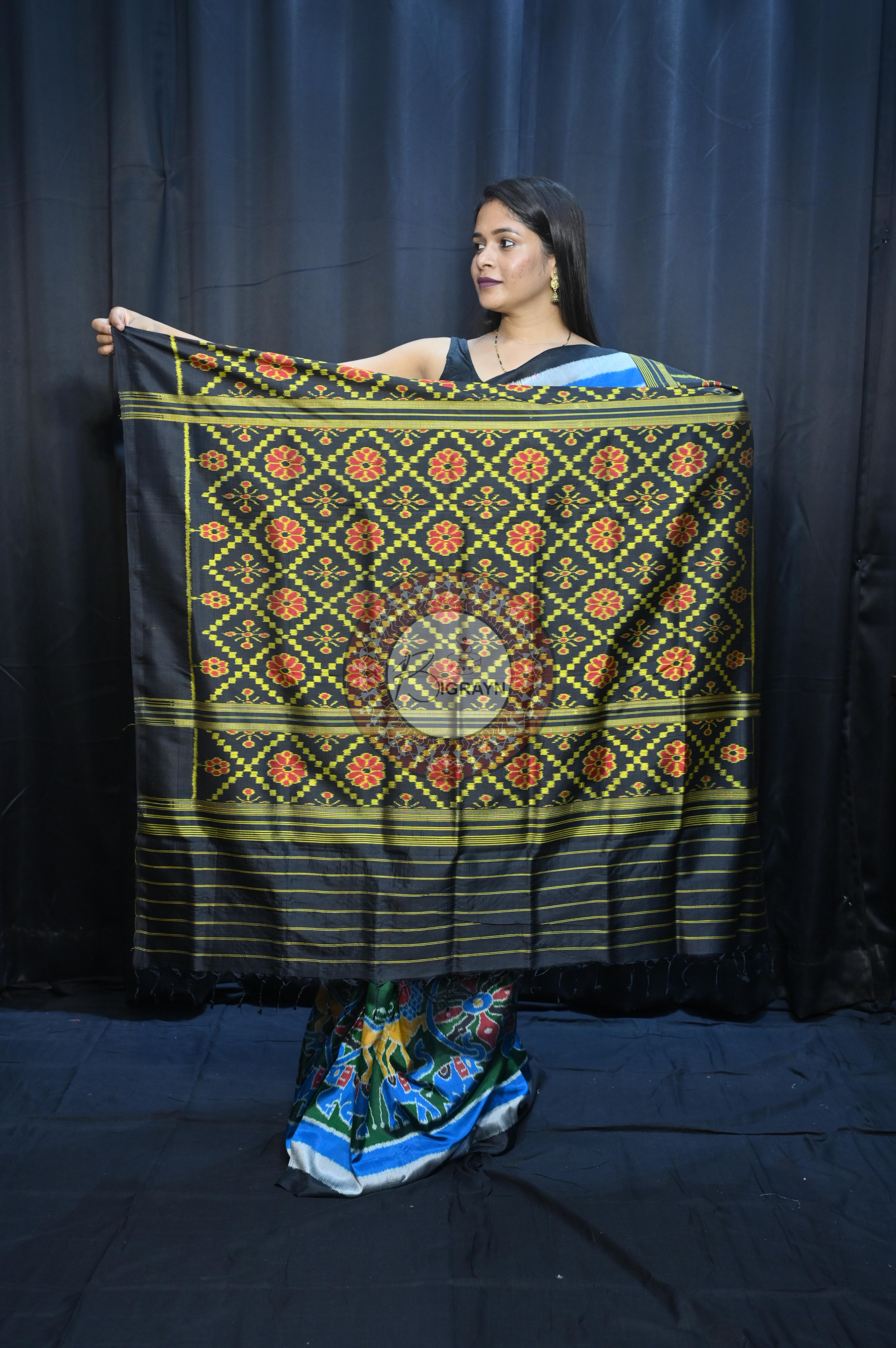 Buttle Green Multi Colour Scot Elephant And Konark Wheel Design Mulberry Silk Saree