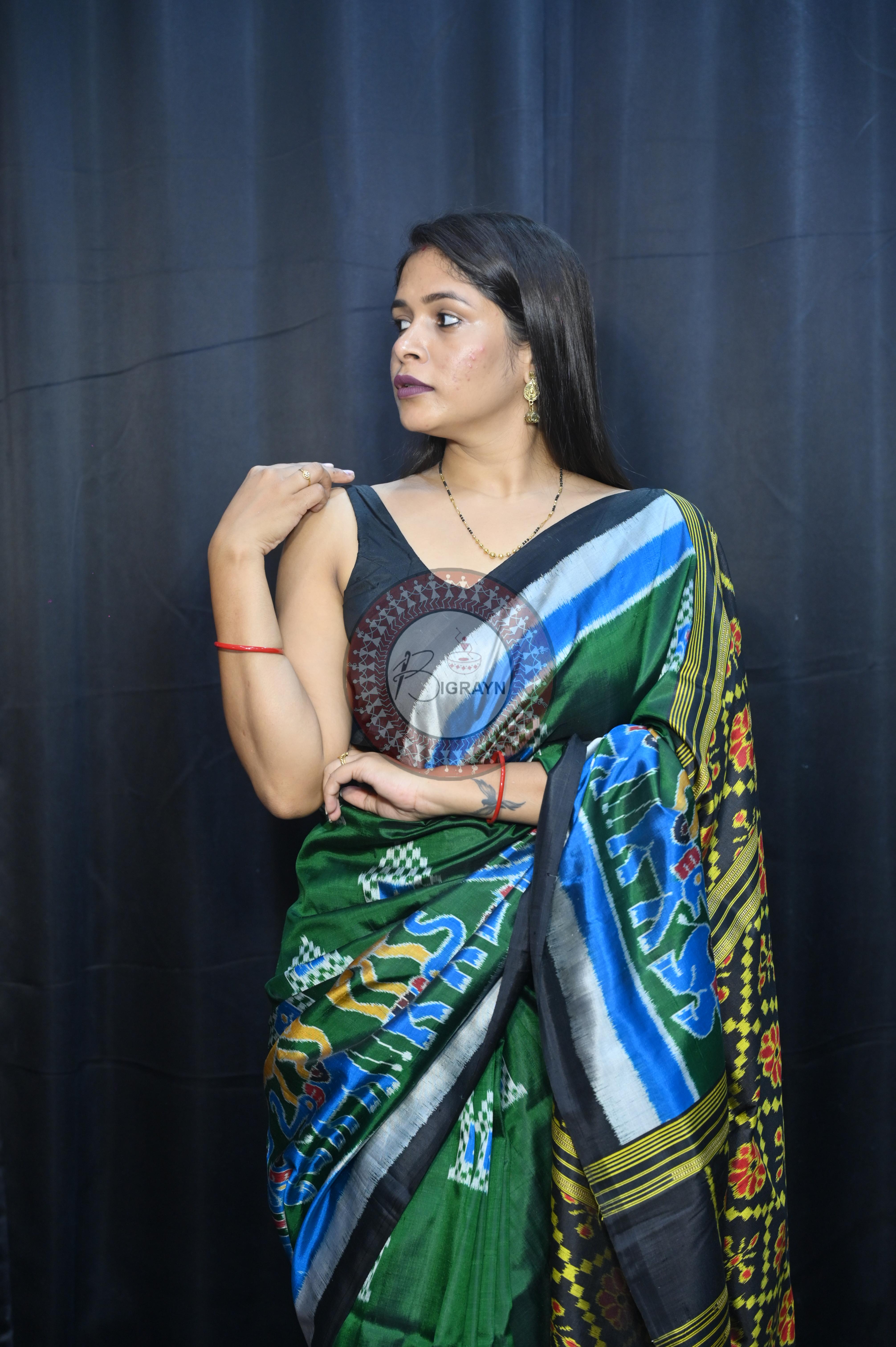 Buttle Green Multi Colour Scot Elephant And Konark Wheel Design Mulberry Silk Saree