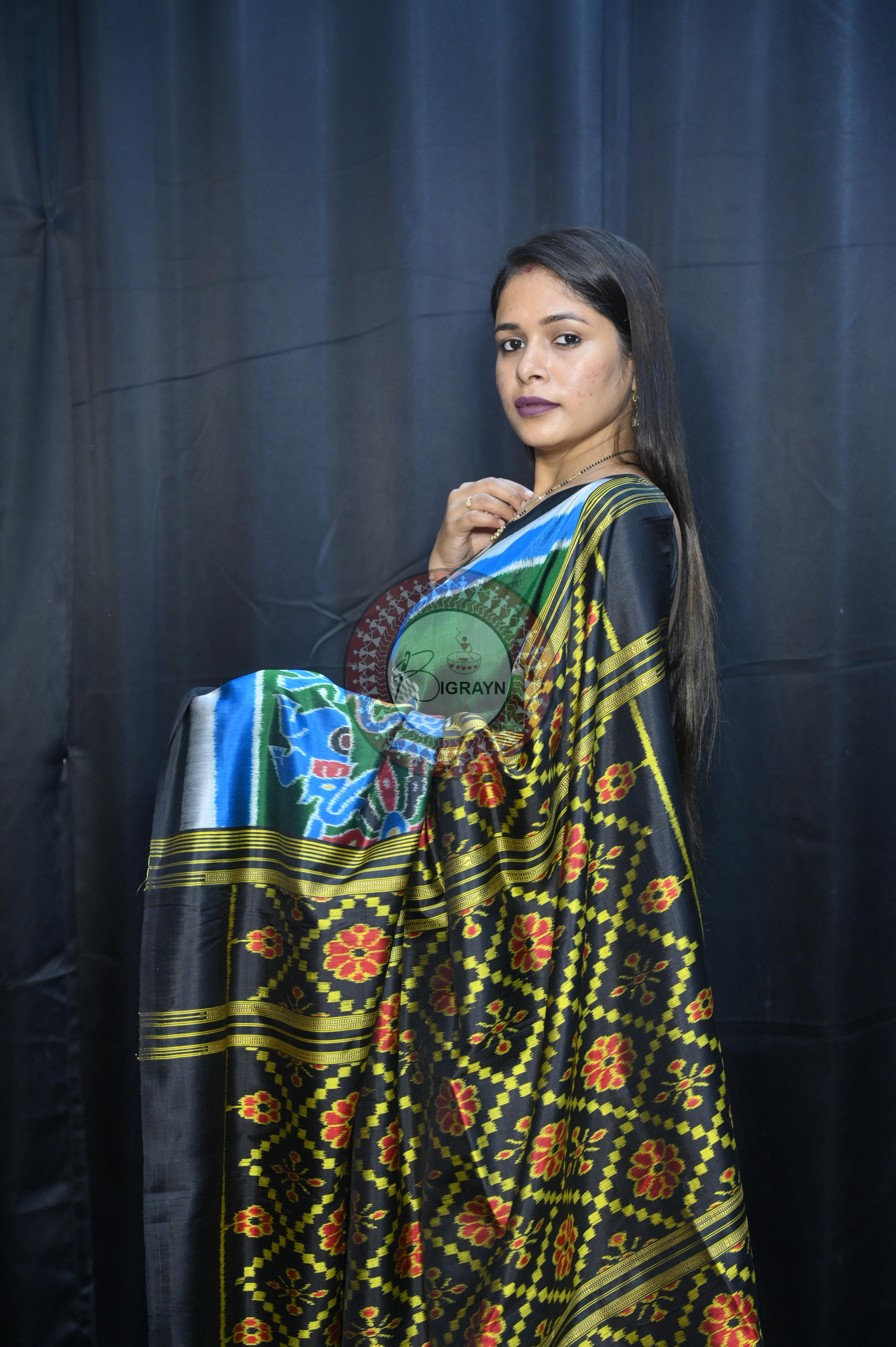 Buttle Green Multi Colour Scot Elephant And Konark Wheel Design Mulberry Silk Saree
