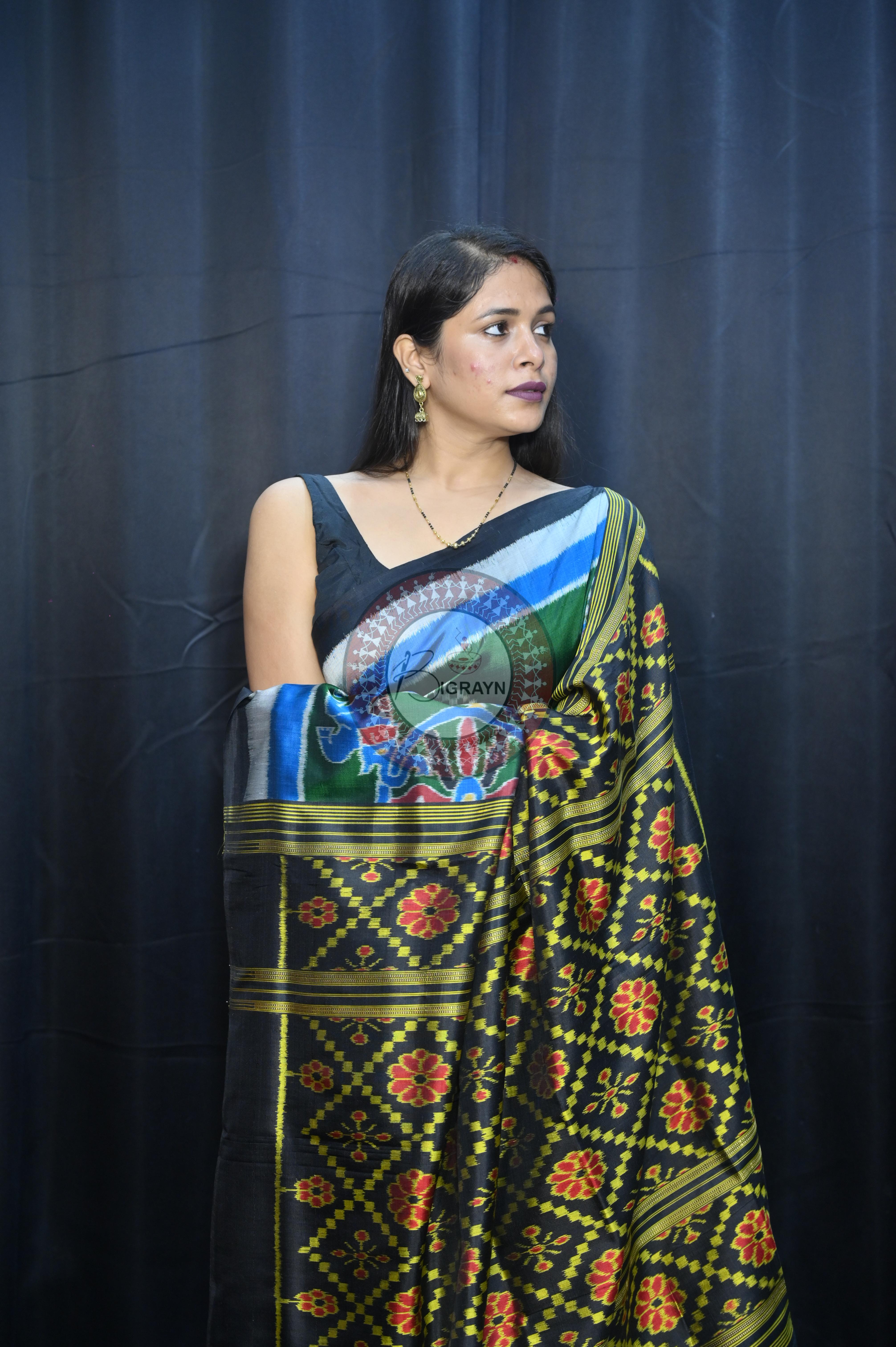Buttle Green Multi Colour Scot Elephant And Konark Wheel Design Mulberry Silk Saree