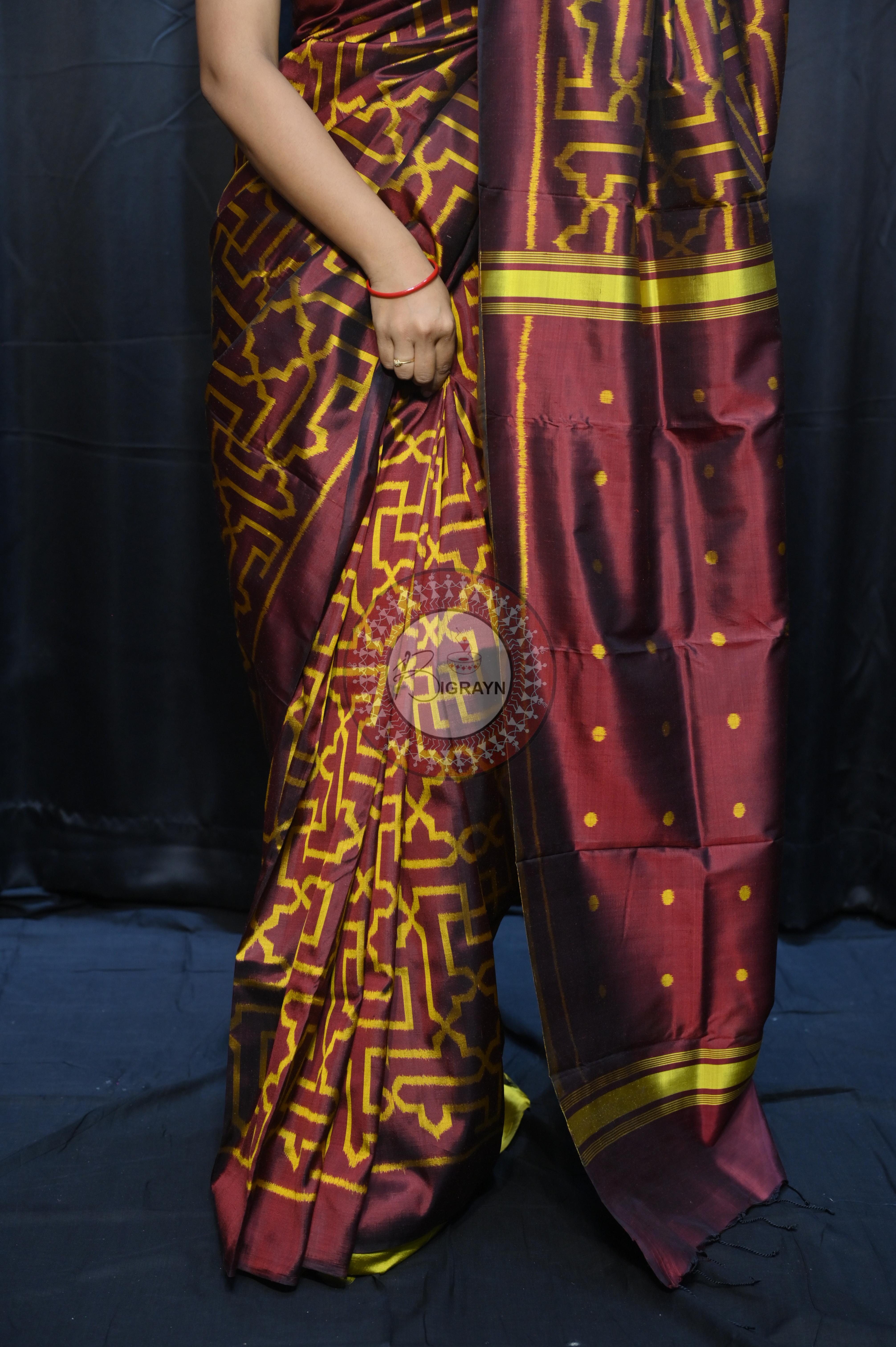 Maroon Yellow Sri Yantra Design Mulberry Silk Saree