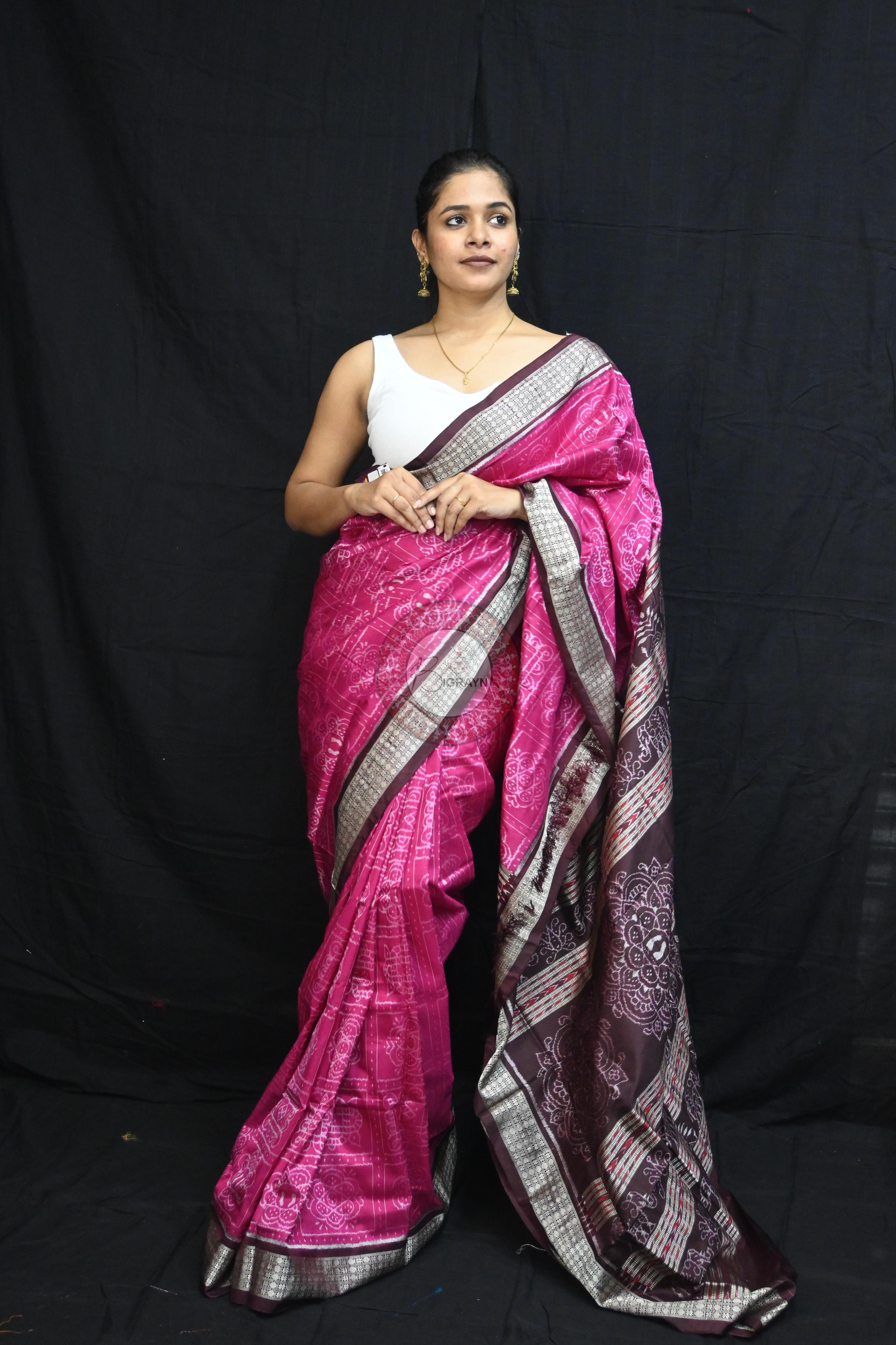 Magenta Coffee Laxmi Pada Squares Sambalpuri Silk Saree