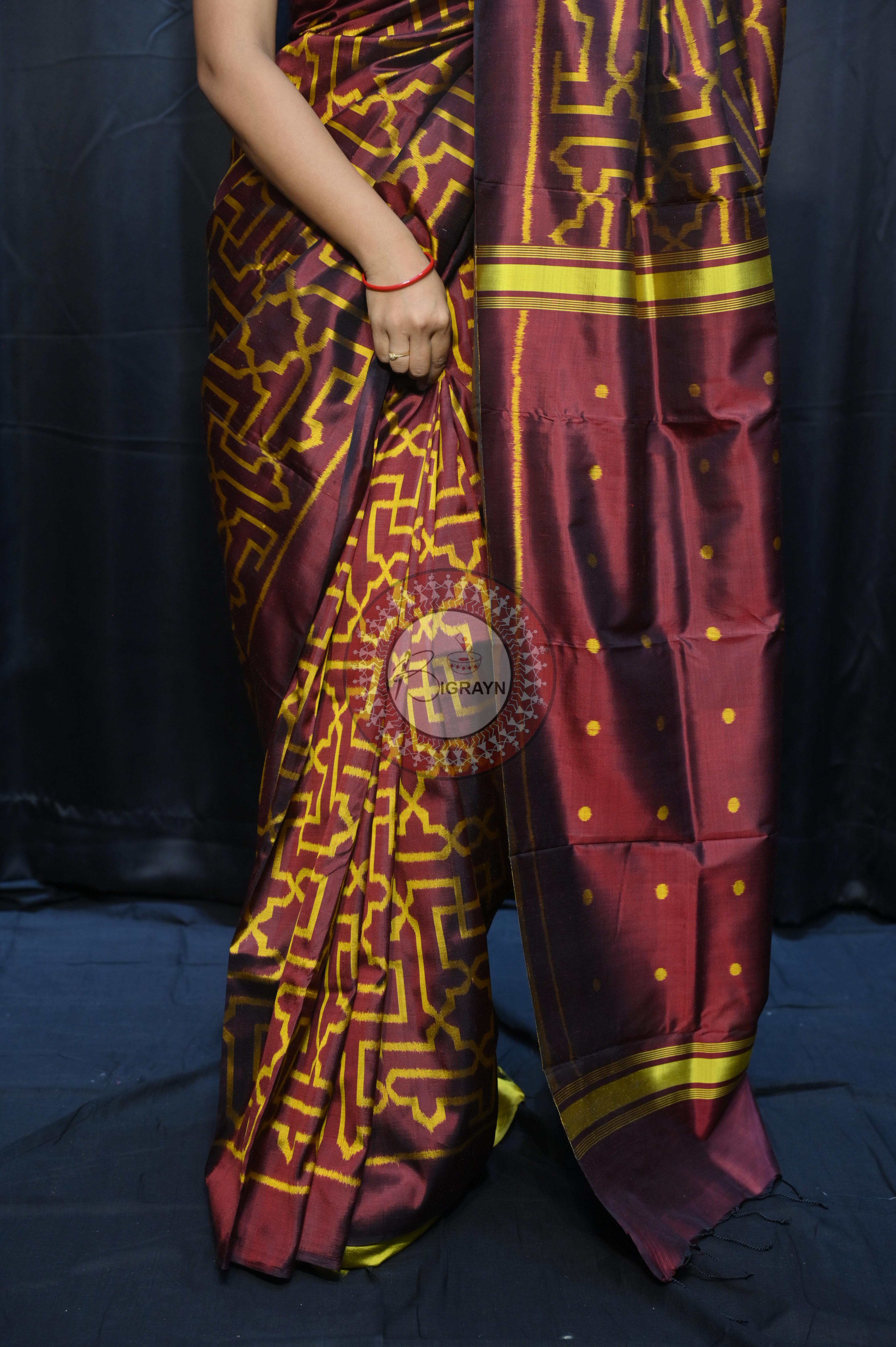 Maroon Yellow Sri Yantra Design Mulberry Silk Saree