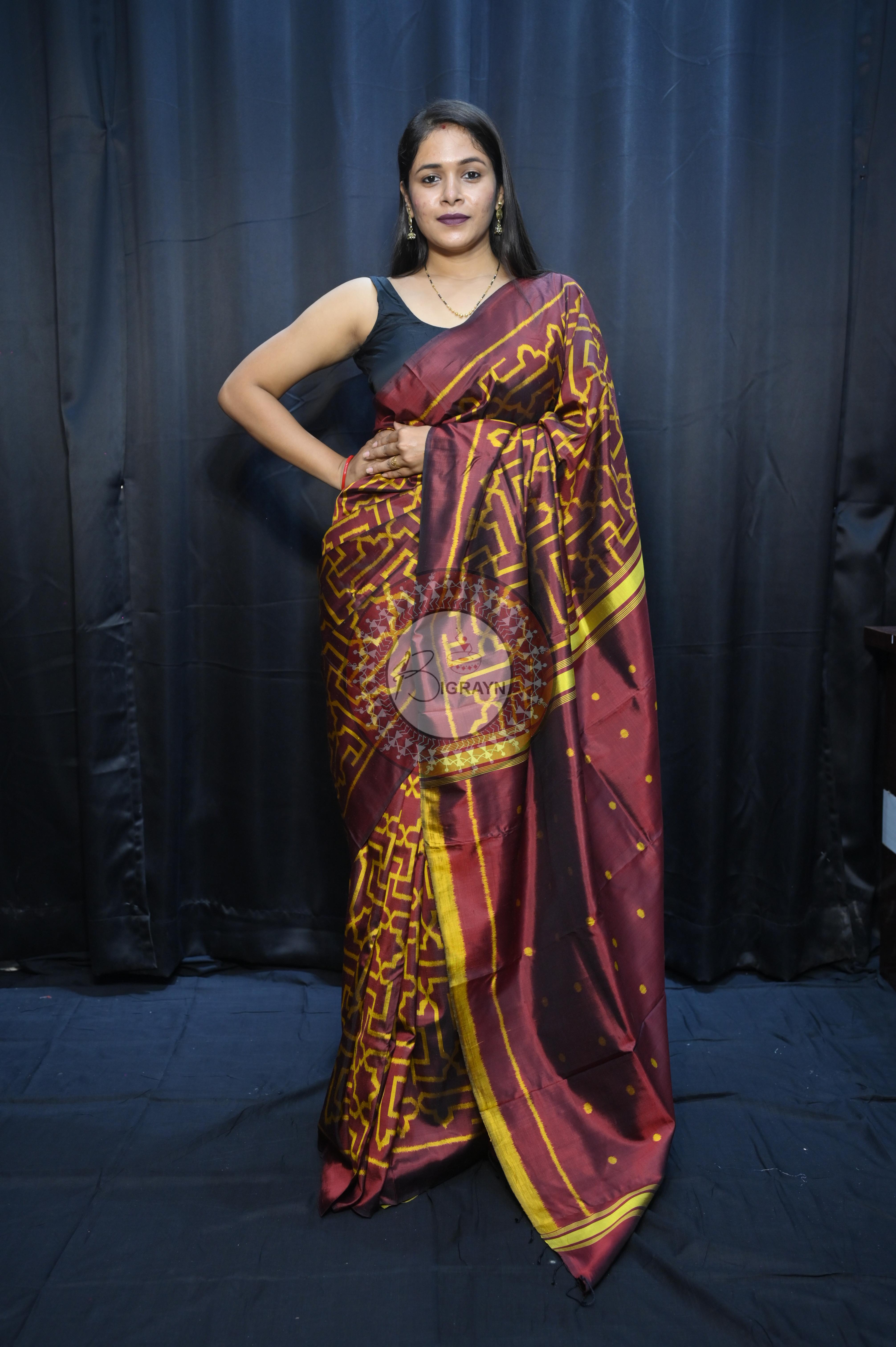 Maroon Yellow Sri Yantra Design Mulberry Silk Saree