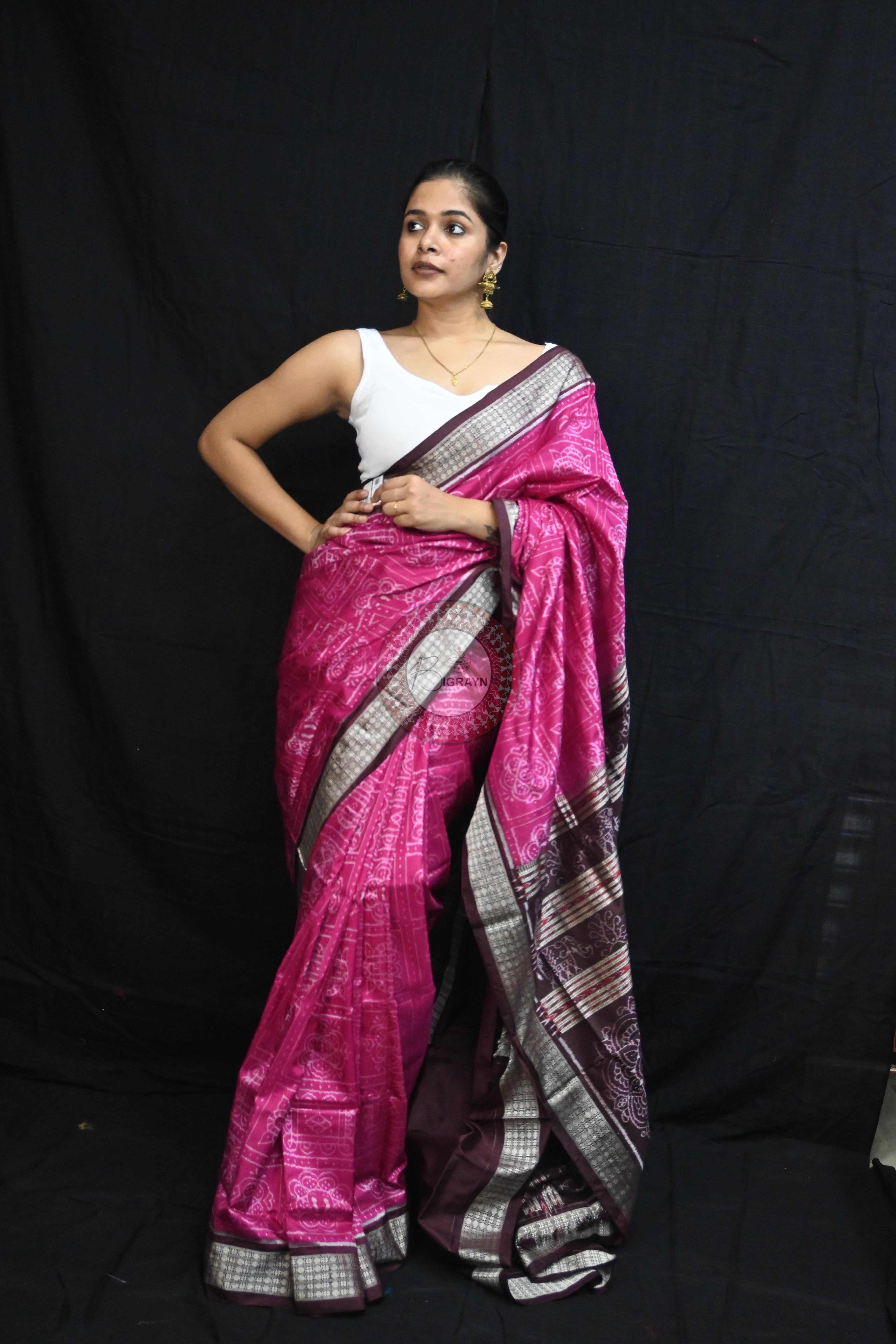 Magenta Coffee Laxmi Pada Squares Sambalpuri Silk Saree