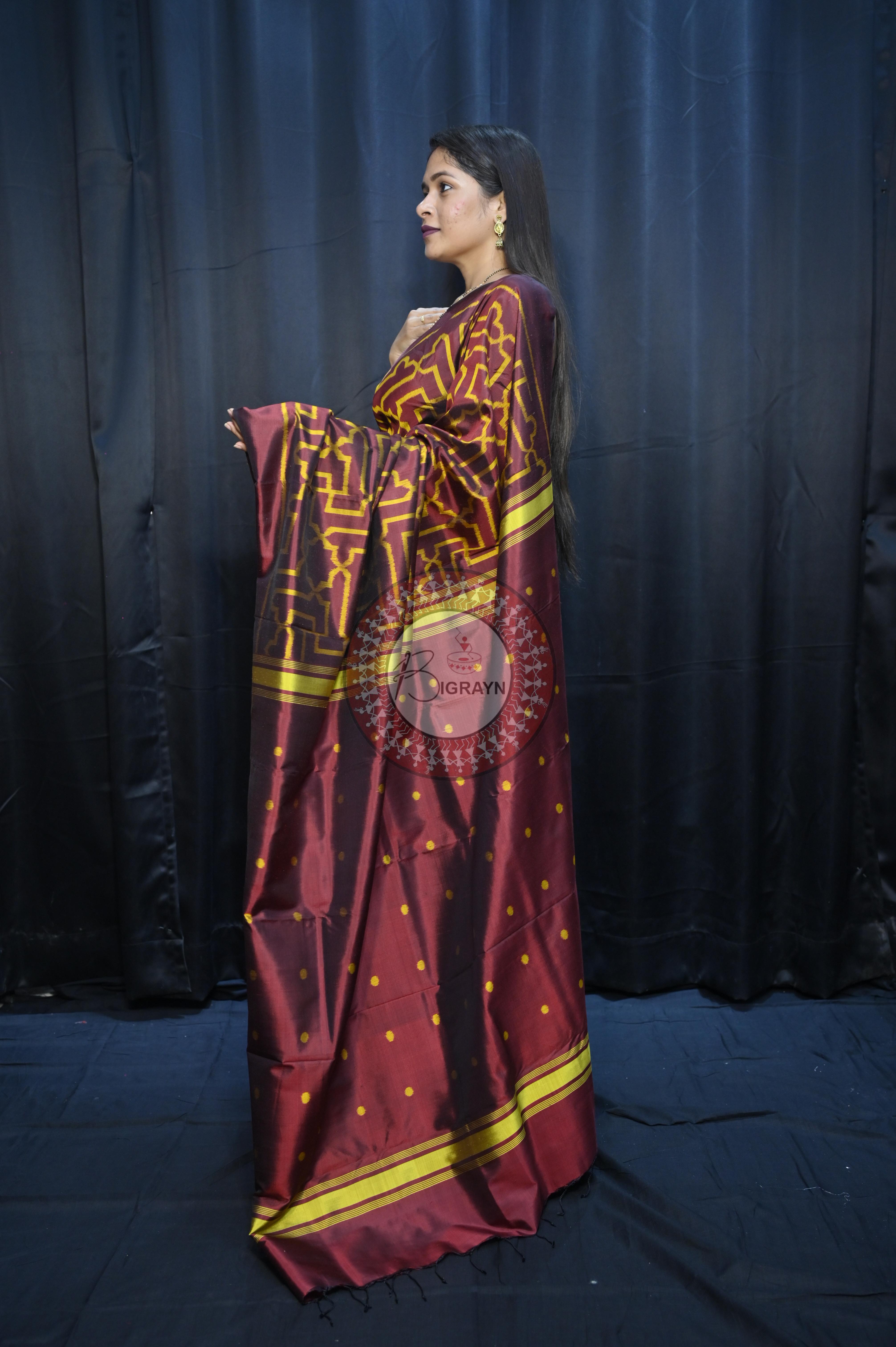 Maroon Yellow Sri Yantra Design Mulberry Silk Saree