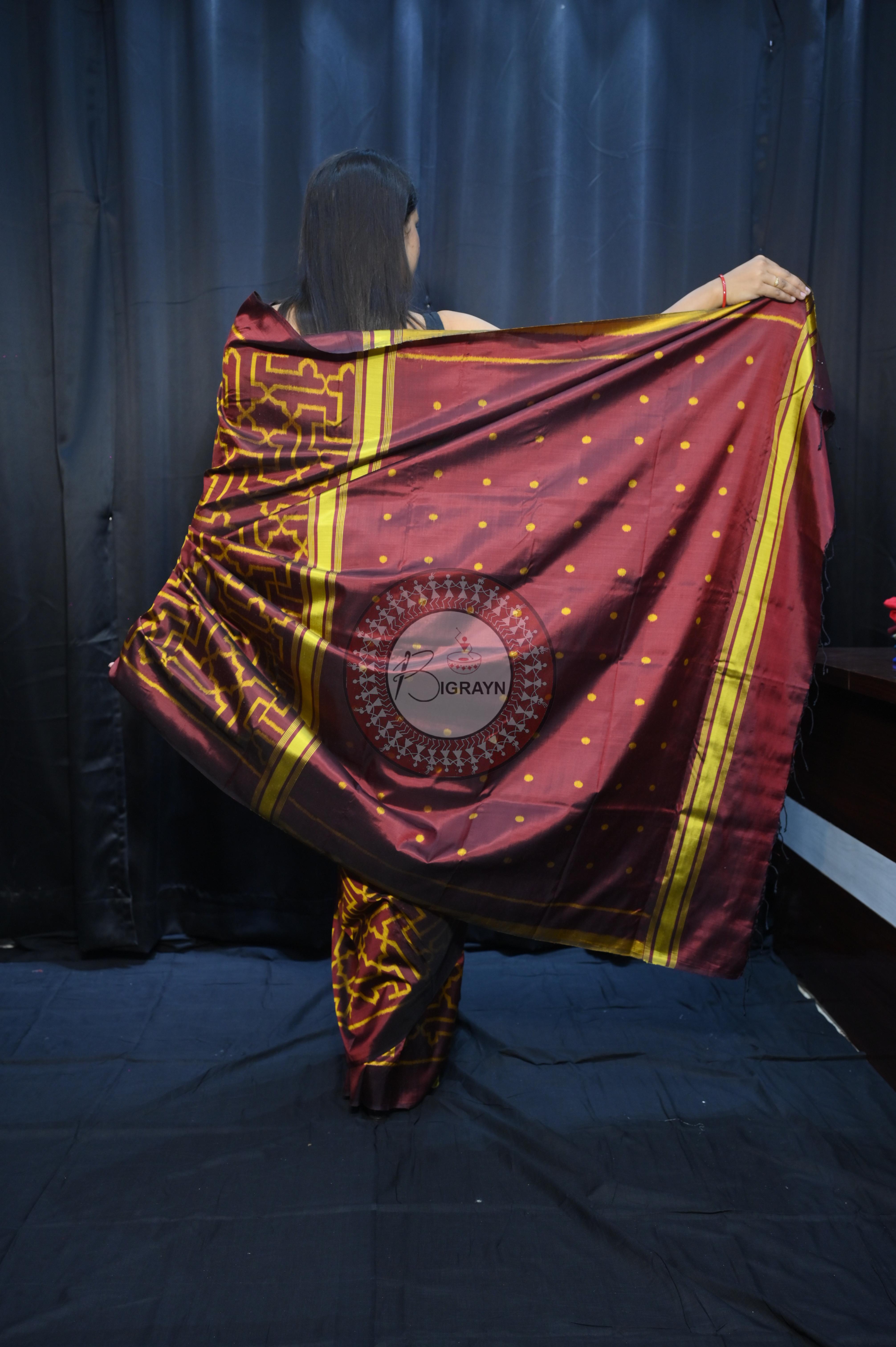 Maroon Yellow Sri Yantra Design Mulberry Silk Saree