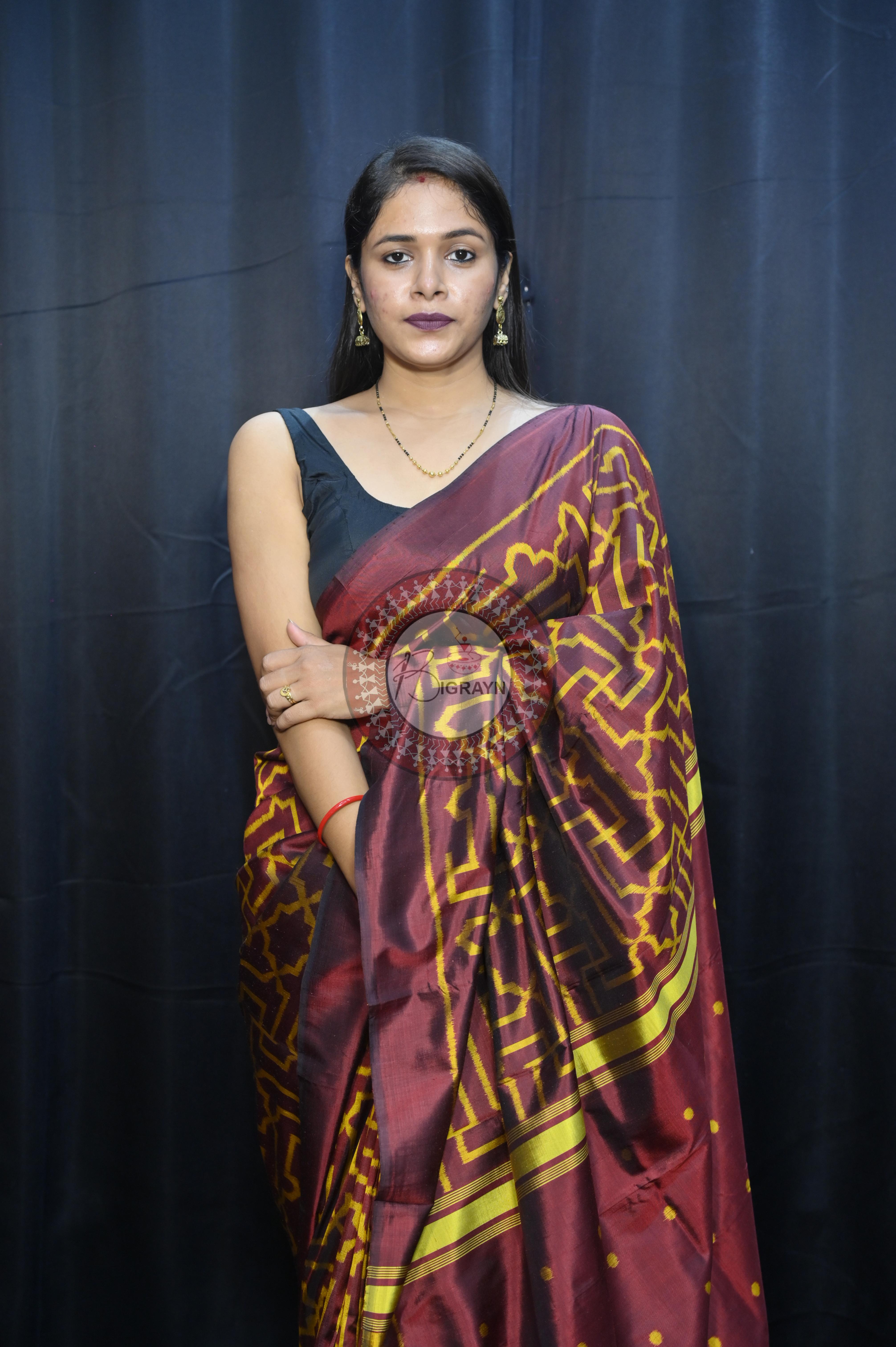Maroon Yellow Sri Yantra Design Mulberry Silk Saree