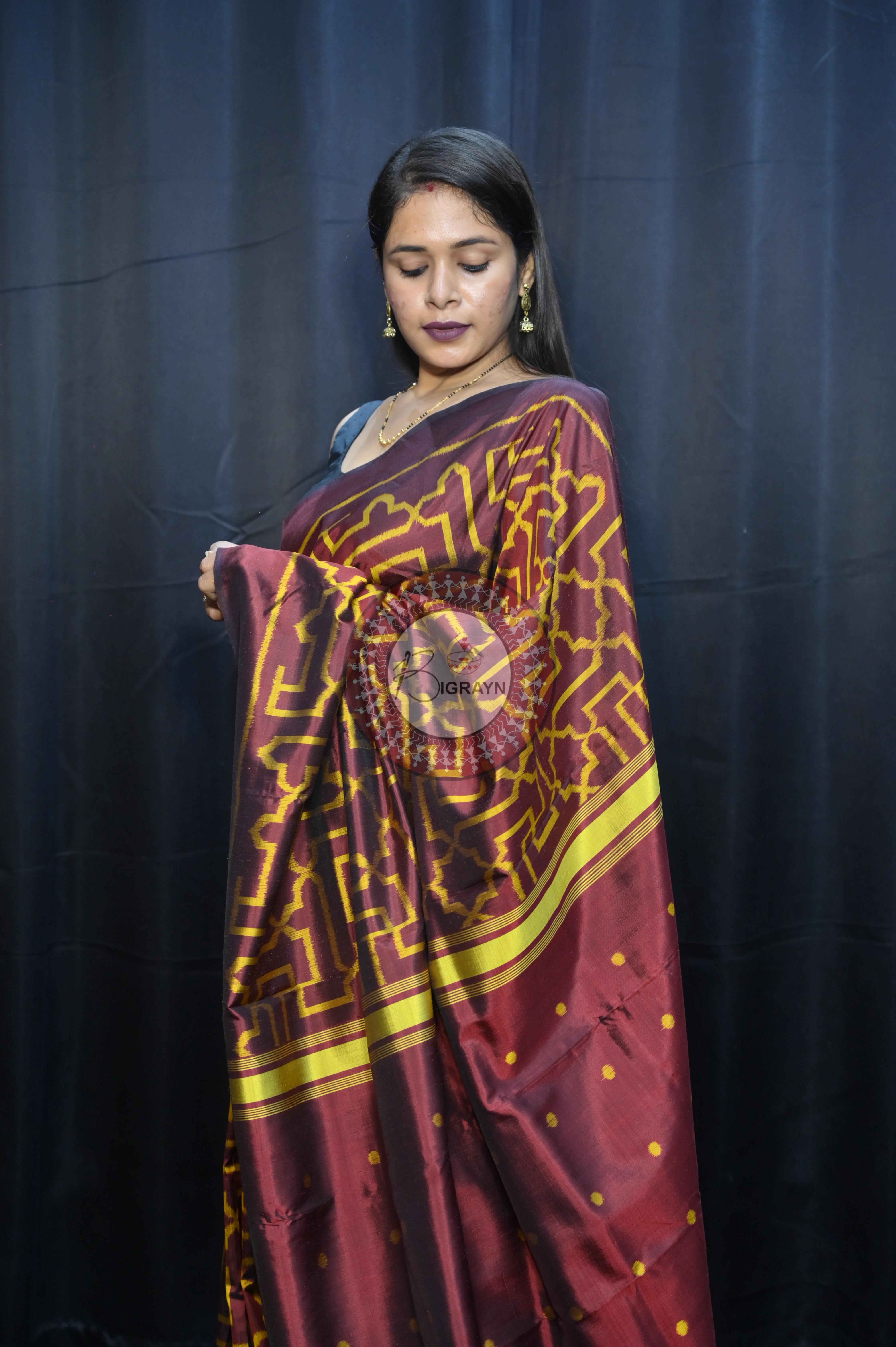 Maroon Yellow Sri Yantra Design Mulberry Silk Saree