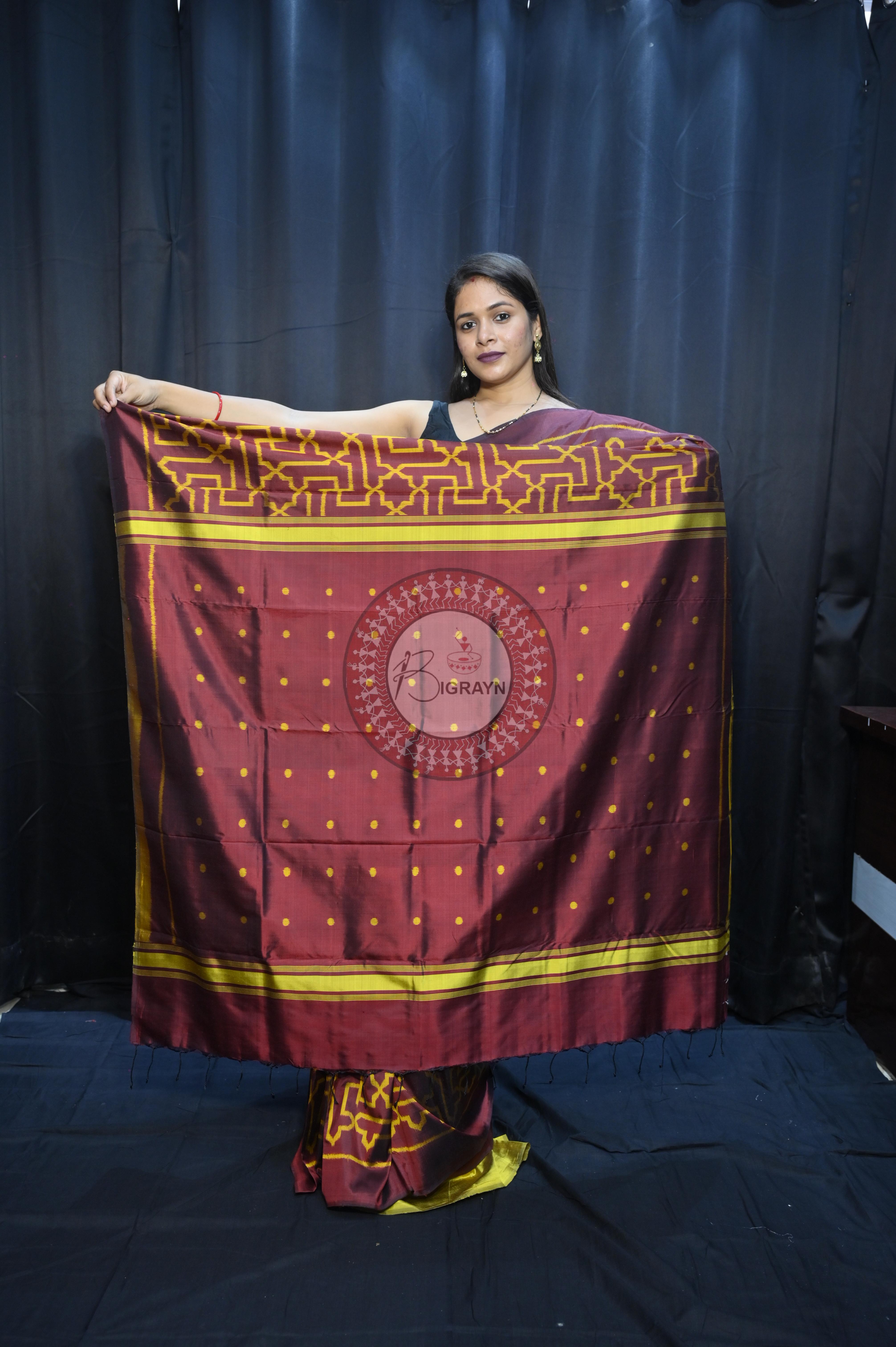 Maroon Yellow Sri Yantra Design Mulberry Silk Saree