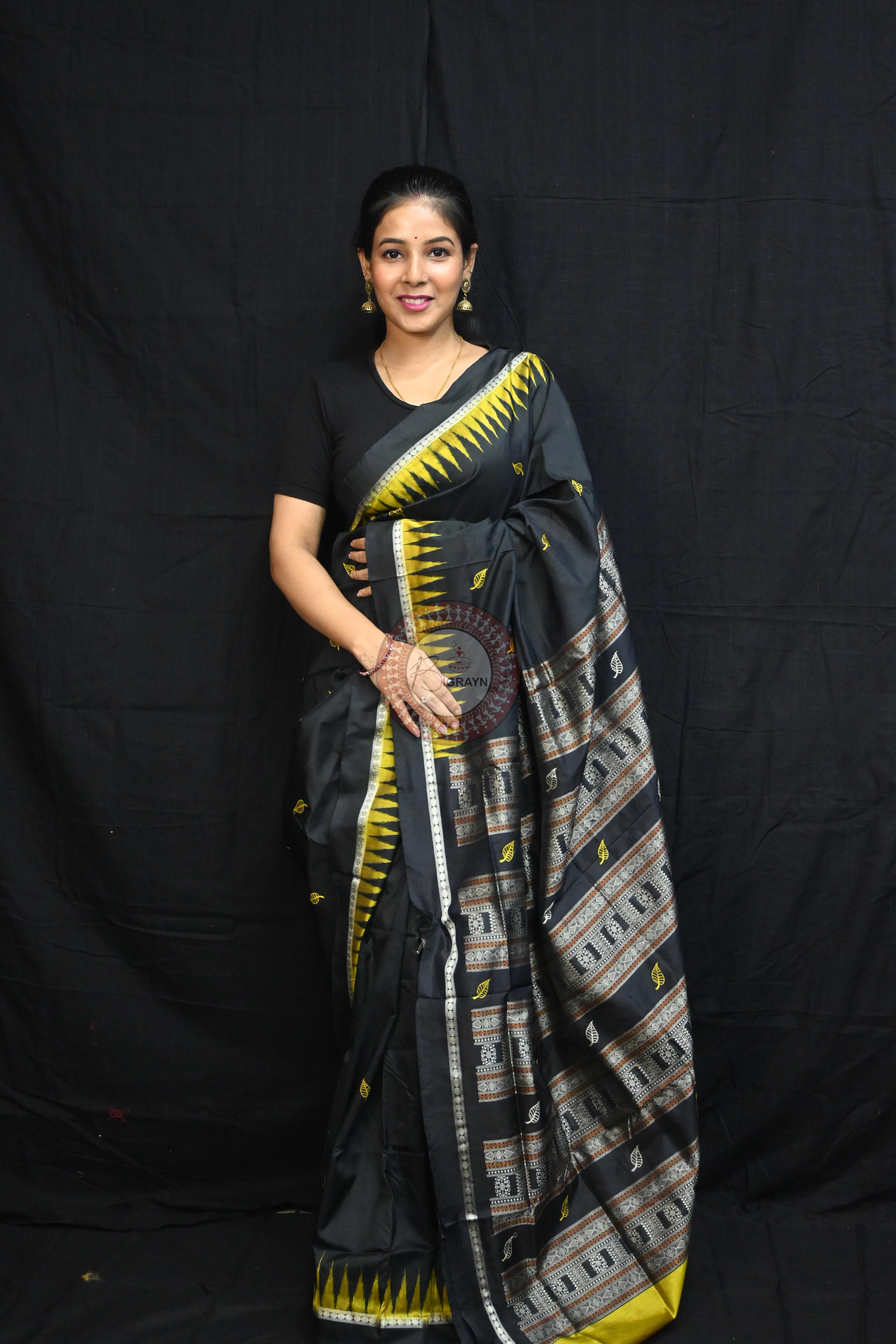 Black Yellow Leafs Bomkai Silk Saree