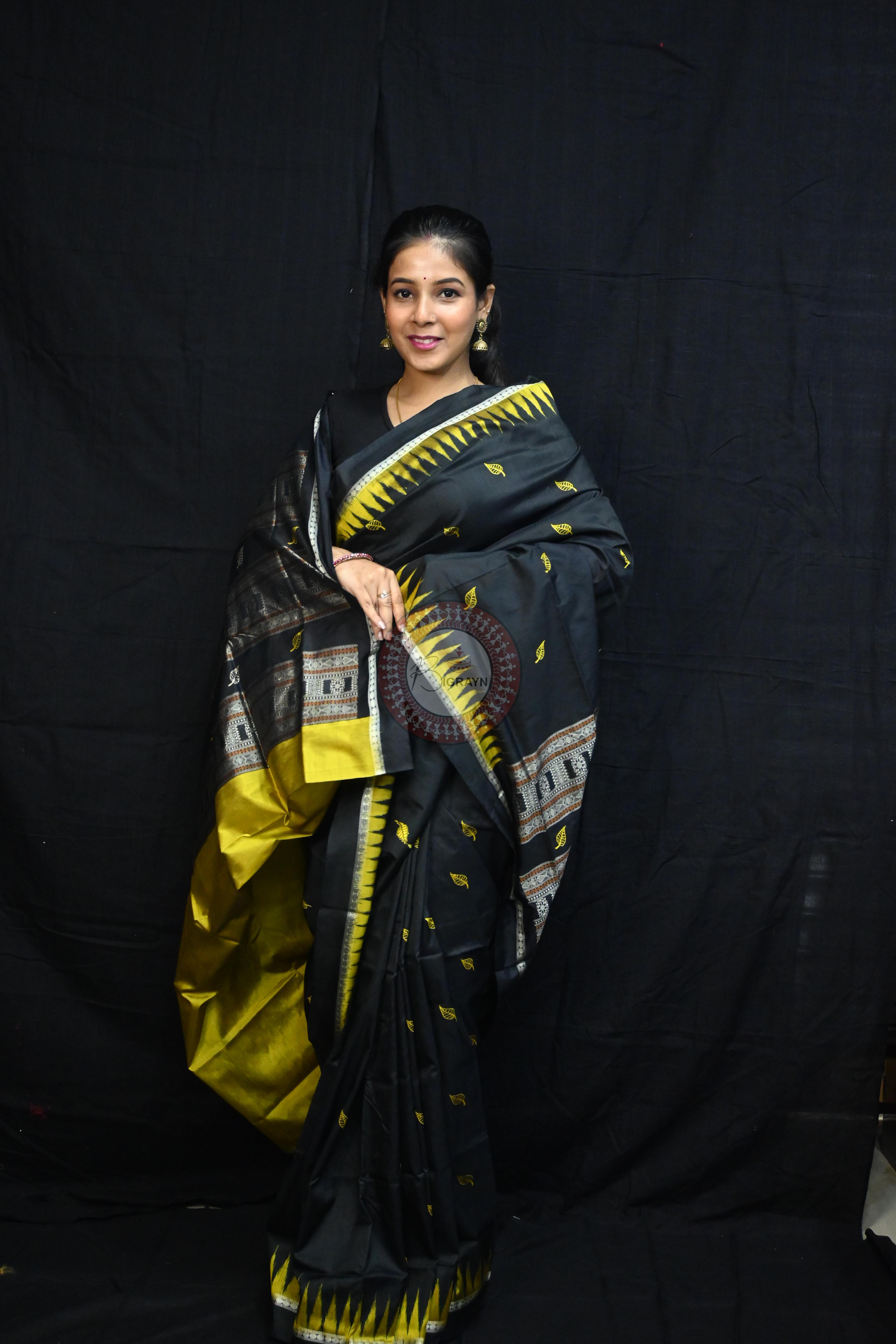 Black Yellow Leafs Bomkai Silk Saree