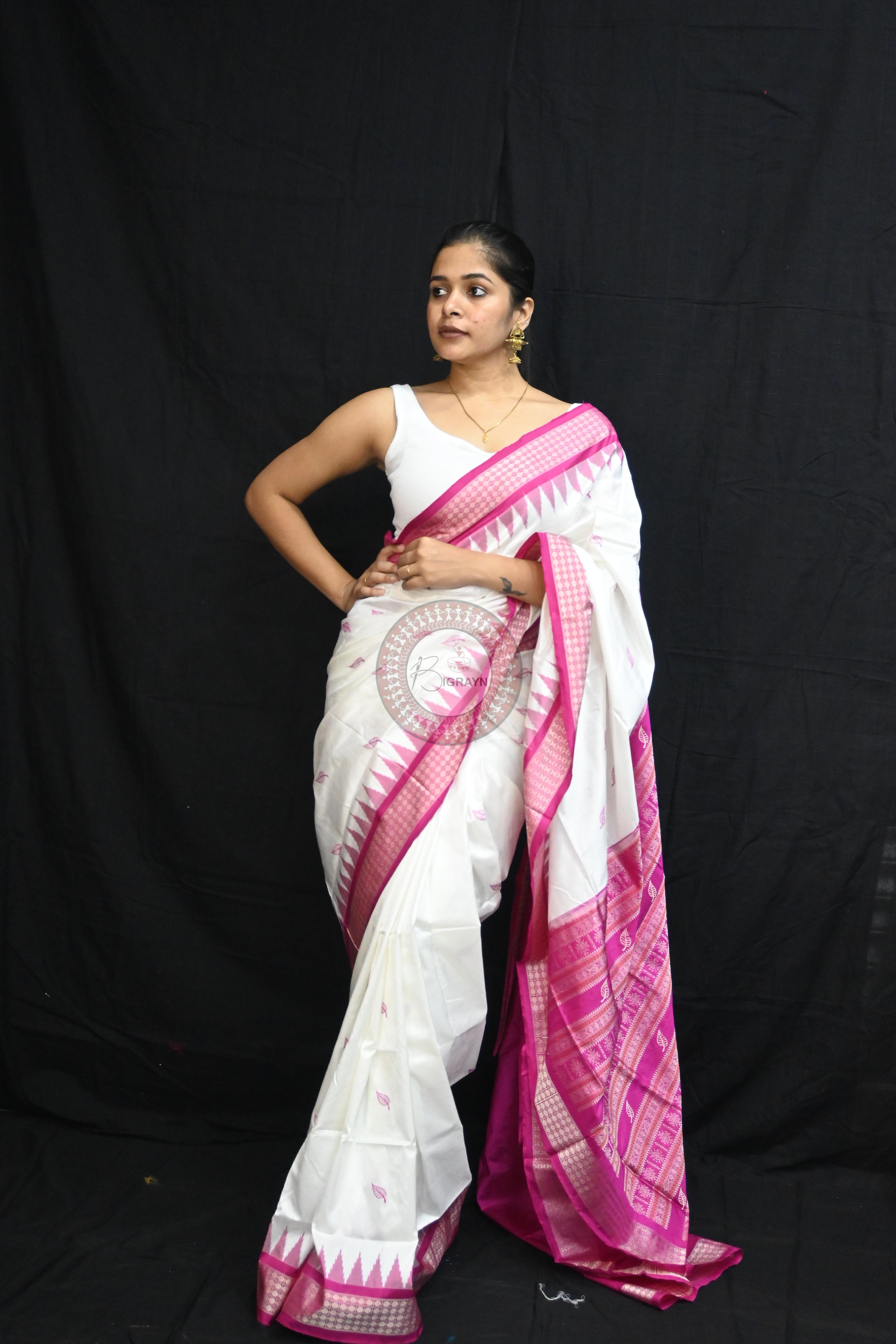 White Magenta Leafs Bomkai Silk Saree