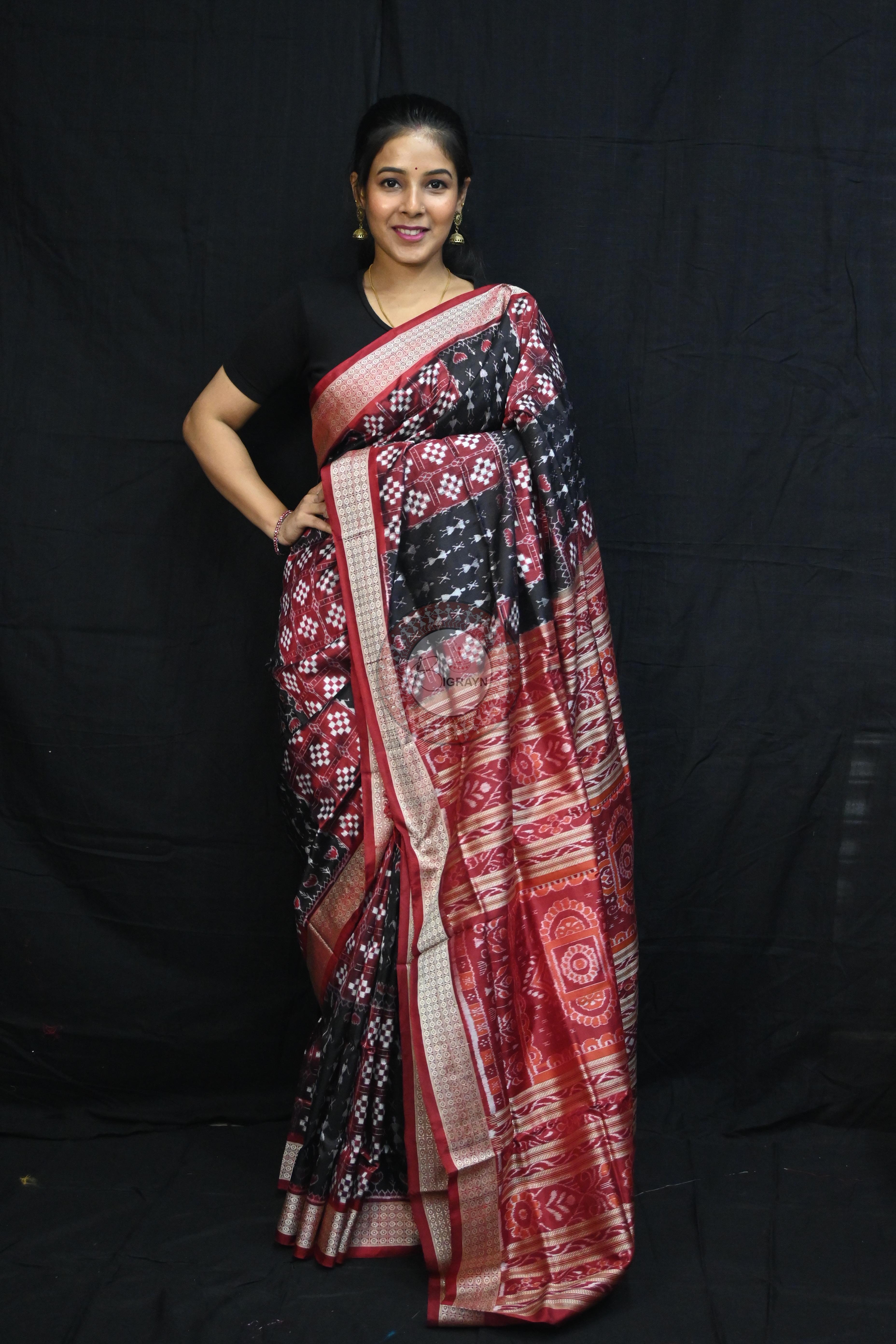 Red Black Pasapali And Tribal Sambalpuri Silk Saree