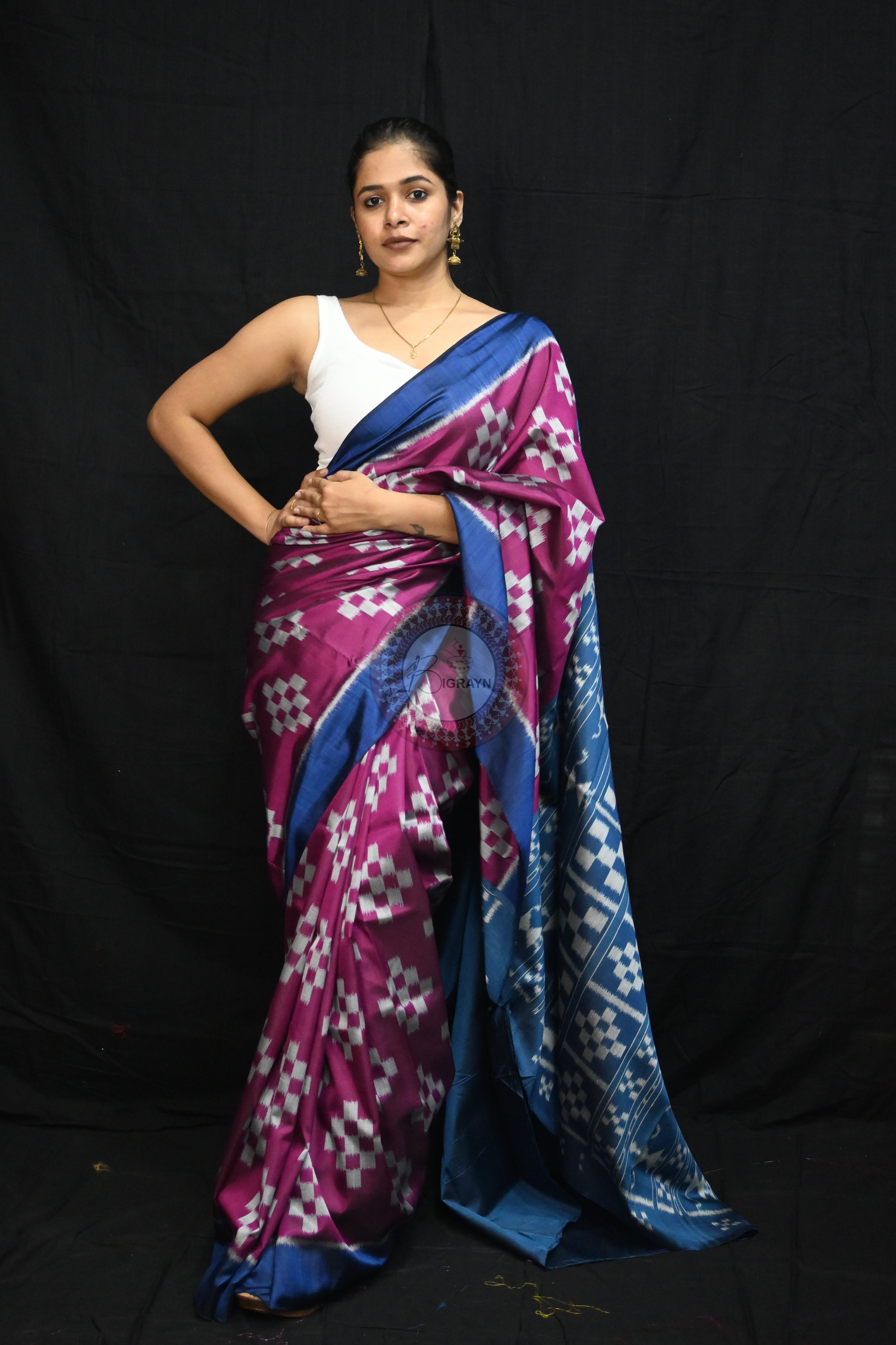 Magenta Teal Blue Body Pasapali Mulberry Silk Saree