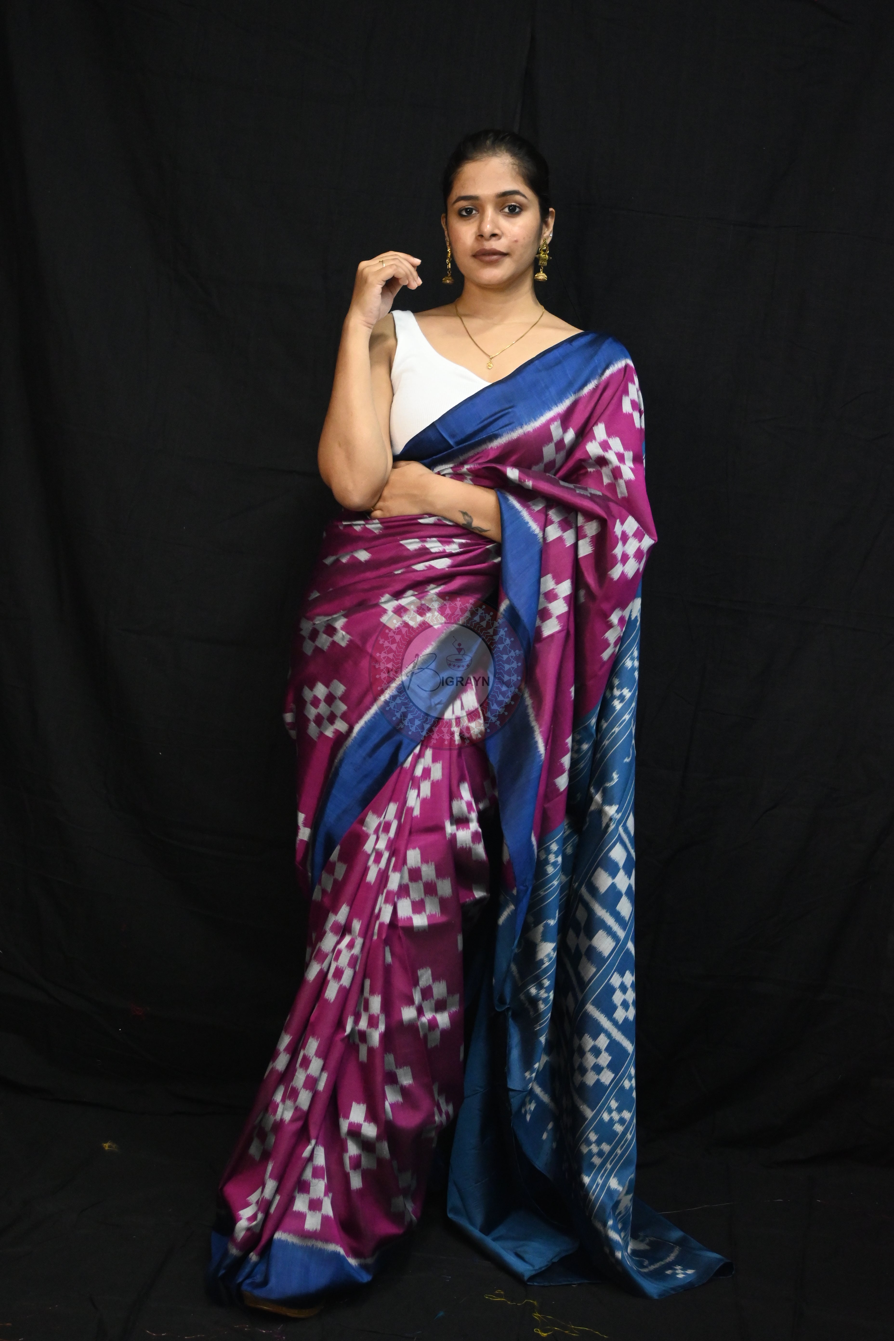 Magenta Teal Blue Body Pasapali Mulberry Silk Saree
