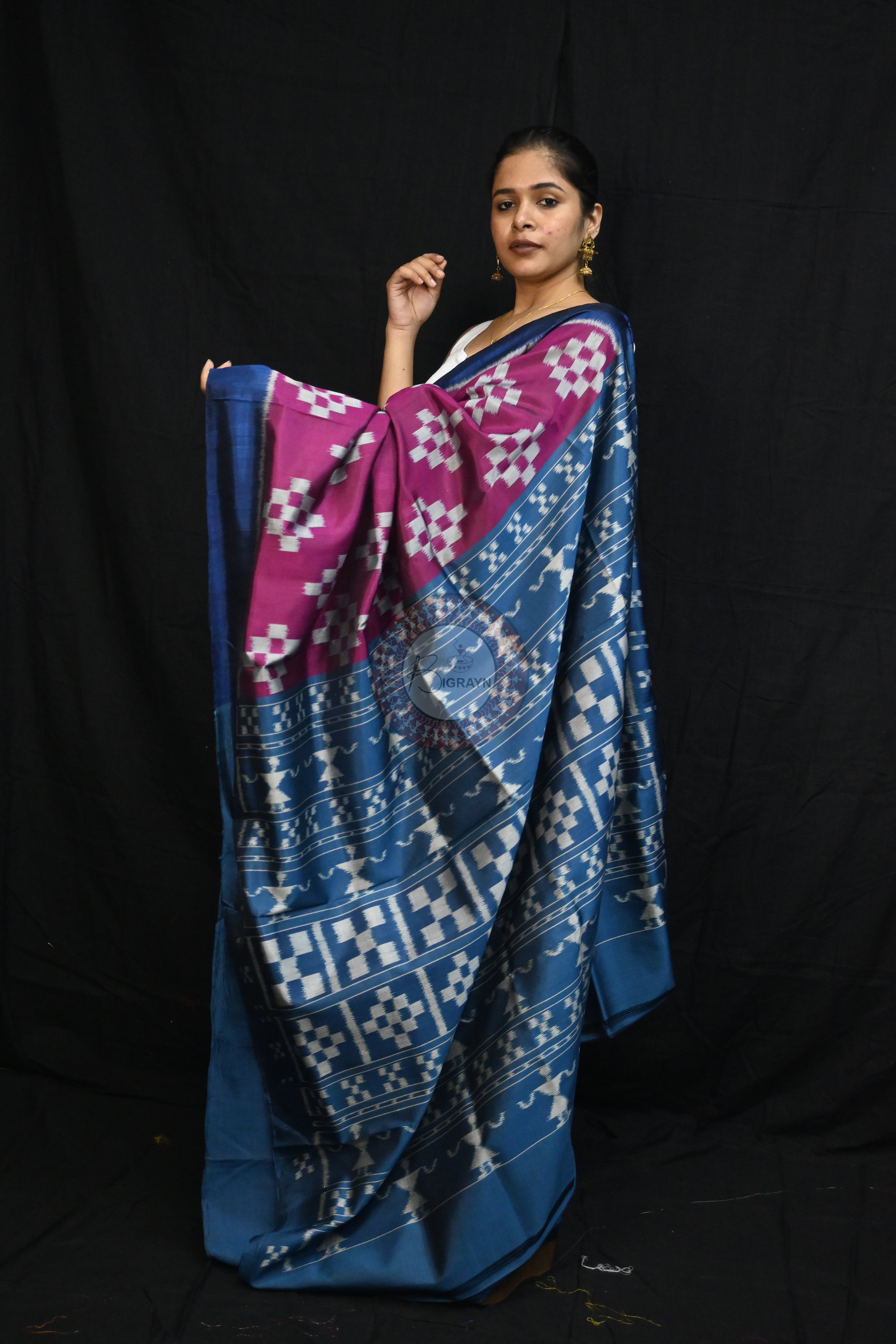 Magenta Teal Blue Body Pasapali Mulberry Silk Saree
