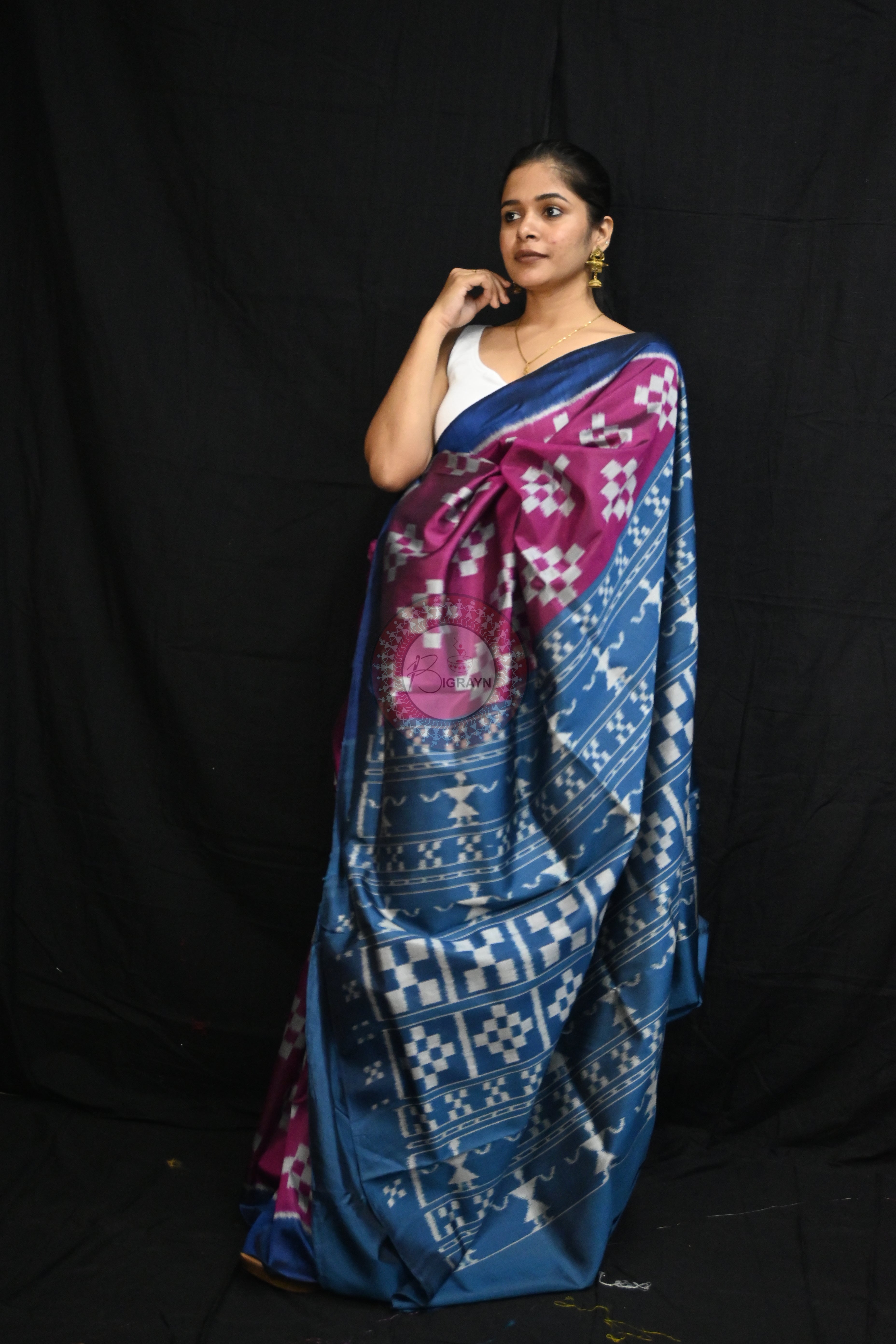 Magenta Teal Blue Body Pasapali Mulberry Silk Saree
