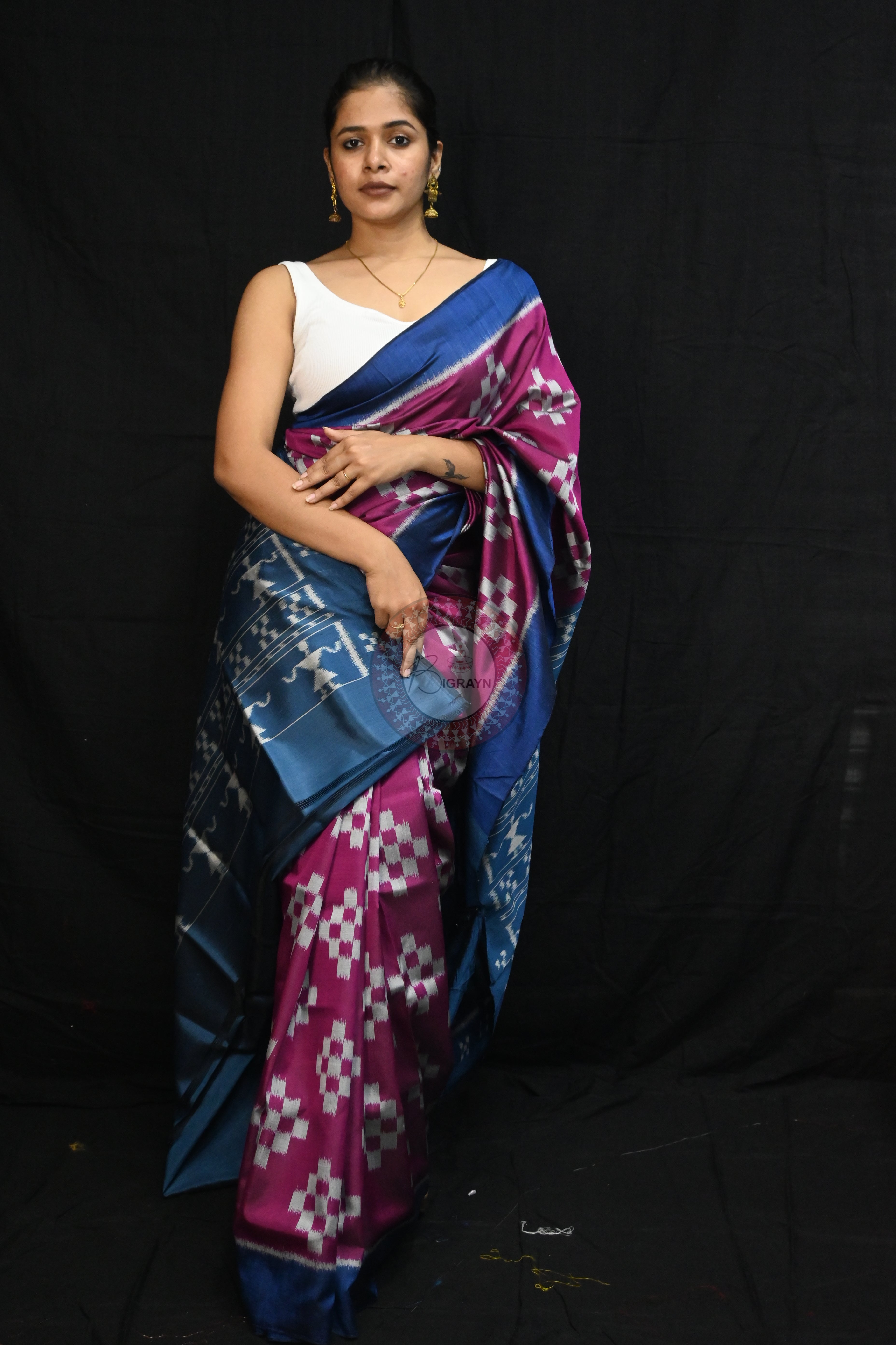 Magenta Teal Blue Body Pasapali Mulberry Silk Saree