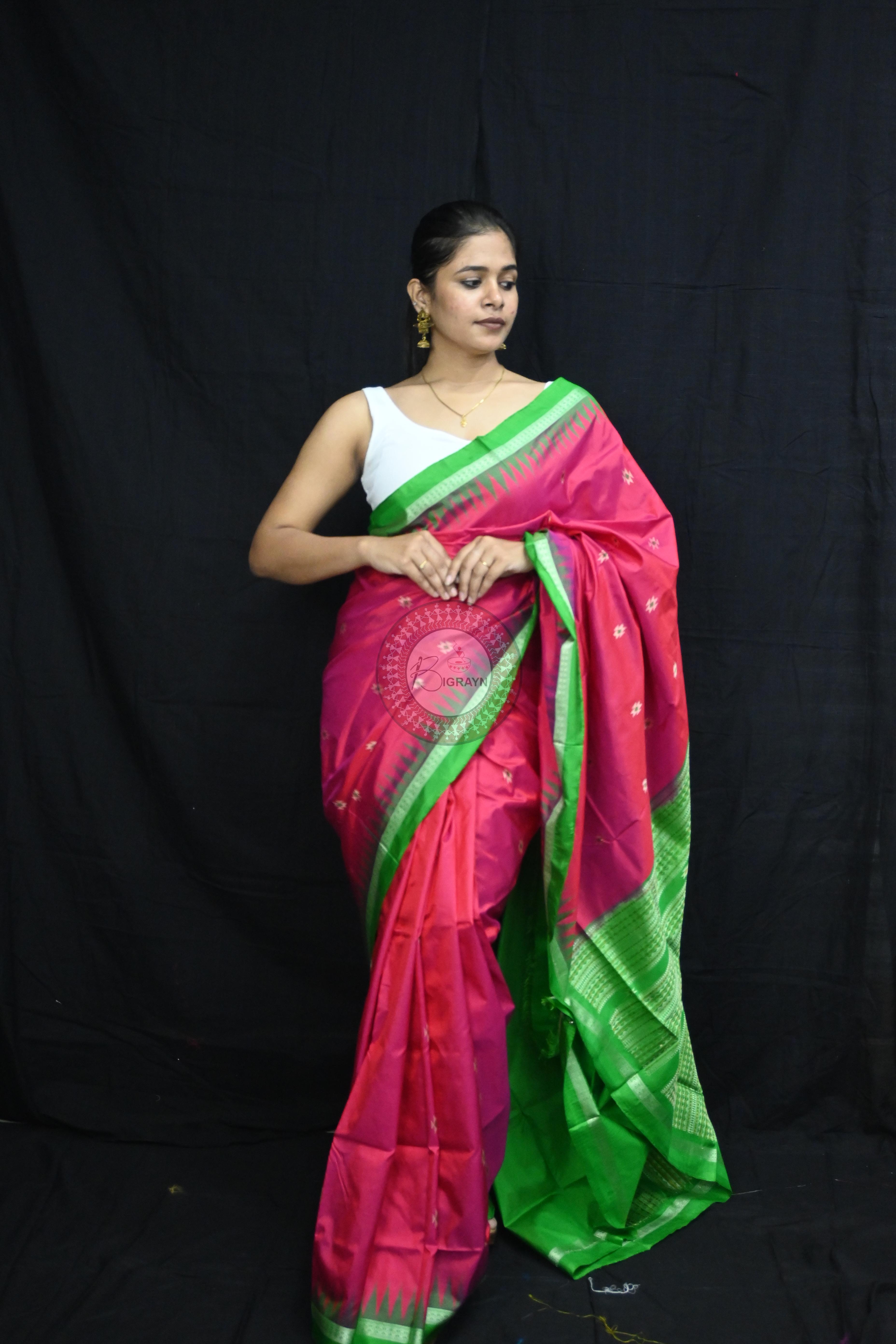 Magenta Green Dual Colour Firbi Bomkai Silk Saree