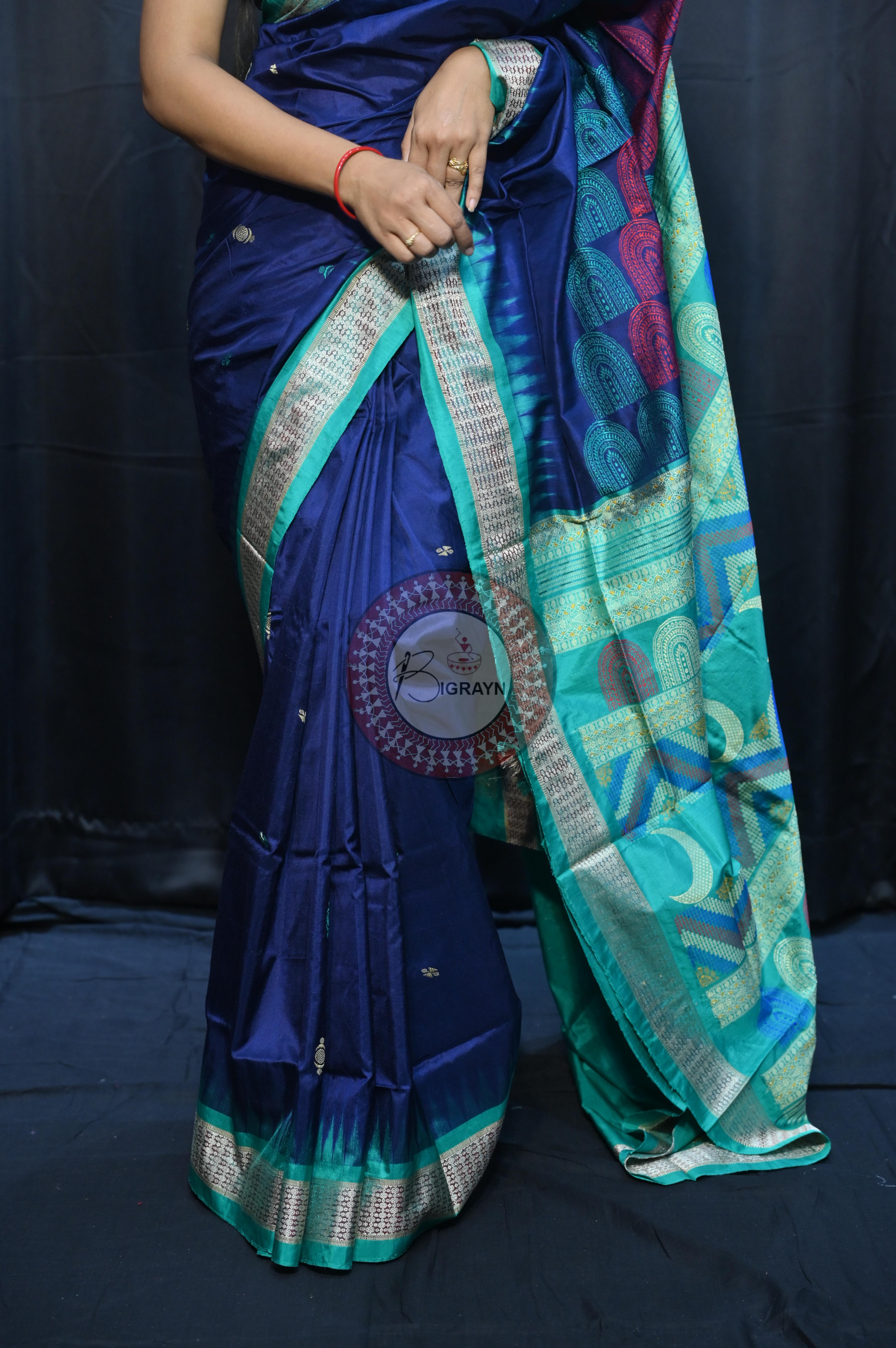 Teal Blue Sea Green Chandrama Exclusive Sambalpuri Silk Saree