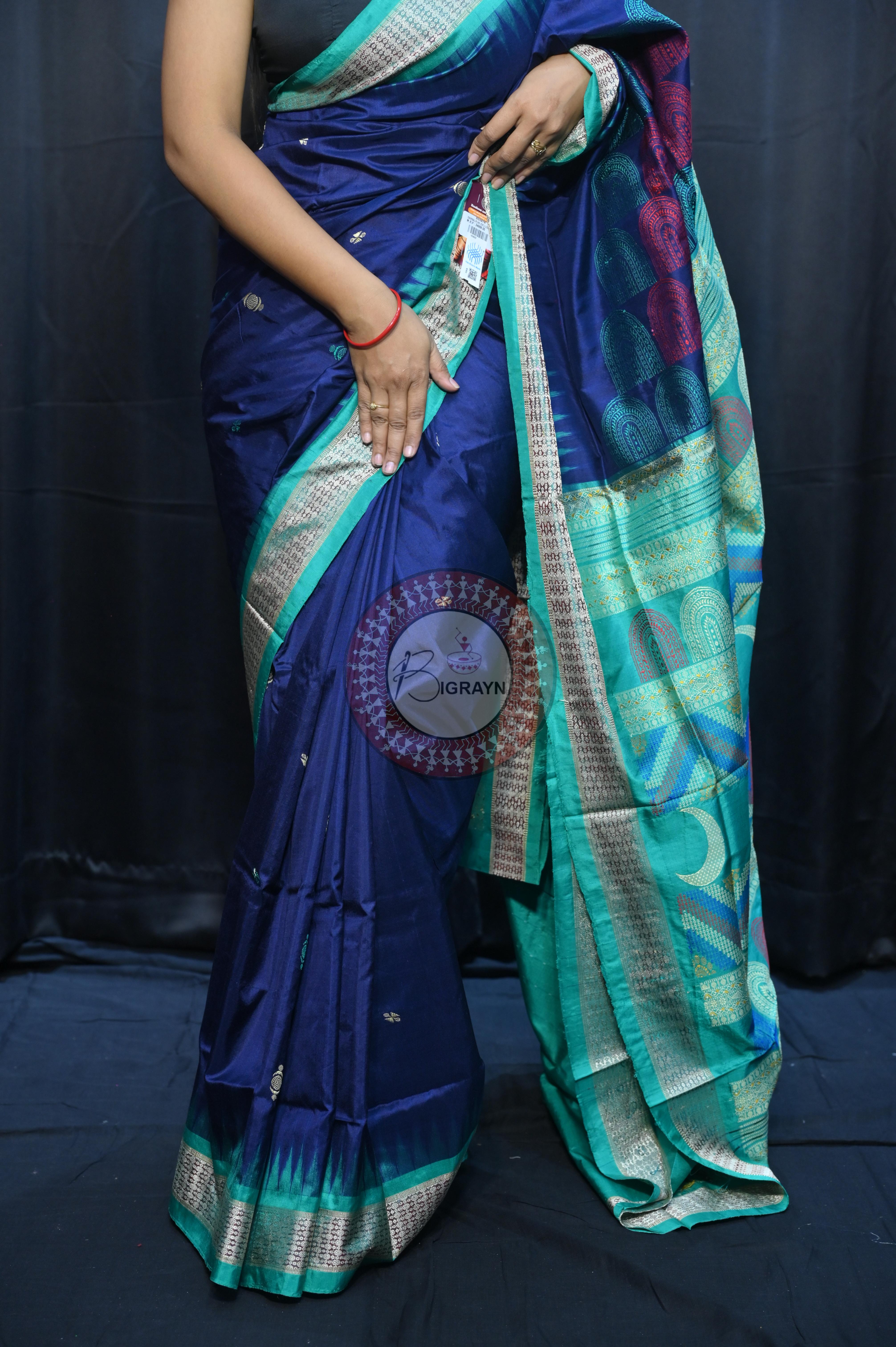 Teal Blue Sea Green Chandrama Exclusive Sambalpuri Silk Saree