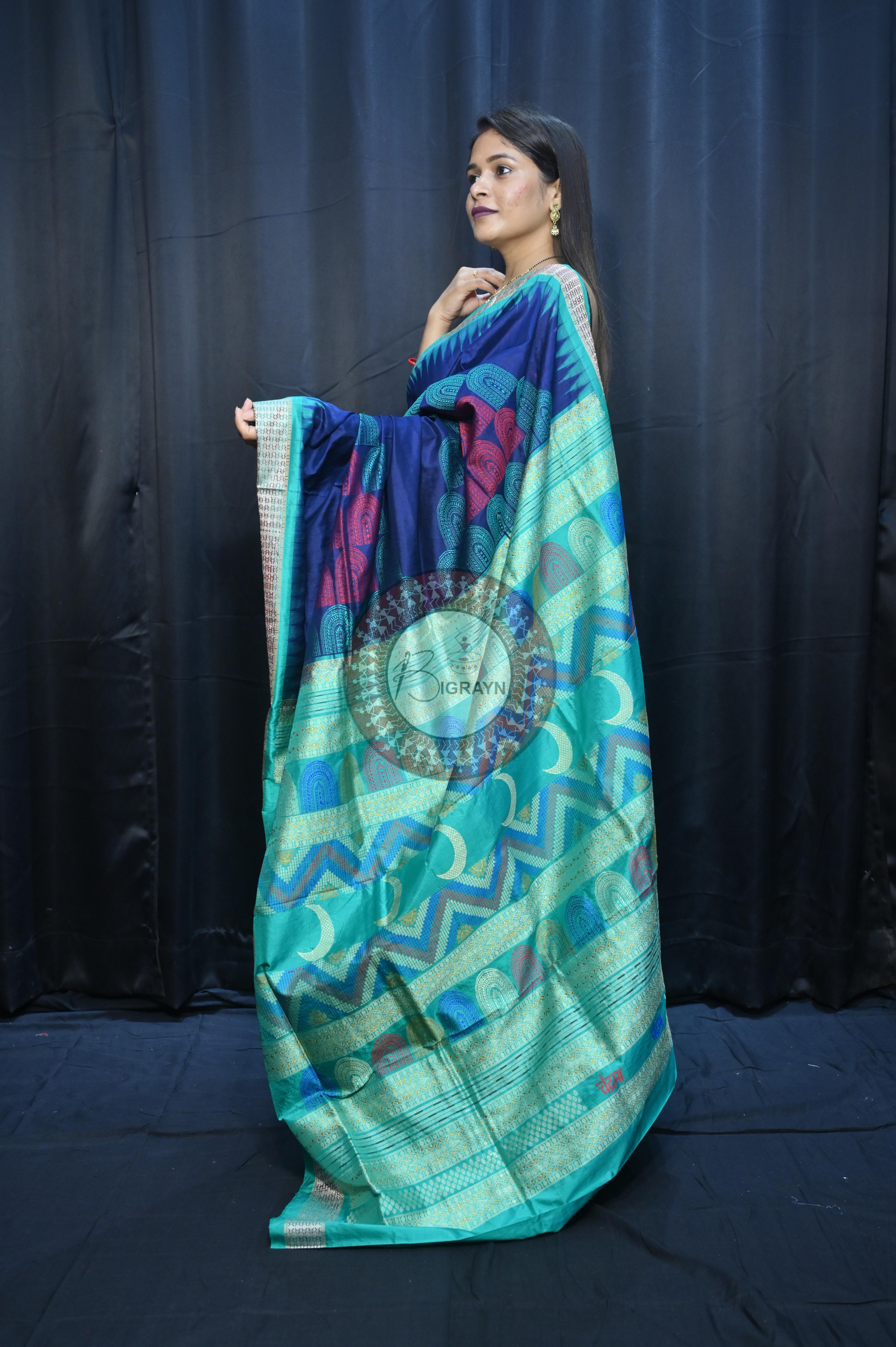 Teal Blue Sea Green Chandrama Exclusive Sambalpuri Silk Saree