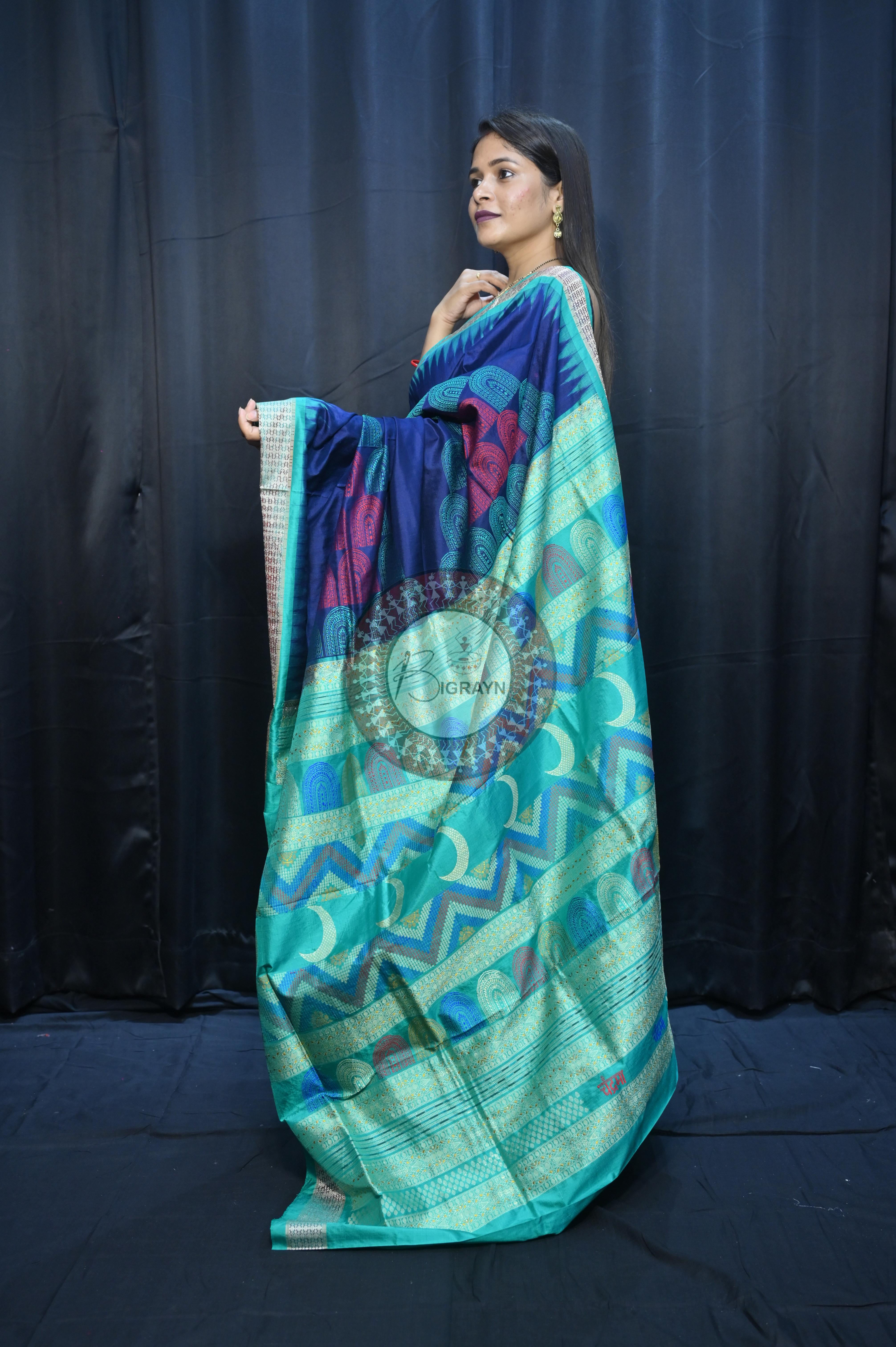 Teal Blue Sea Green Chandrama Exclusive Sambalpuri Silk Saree