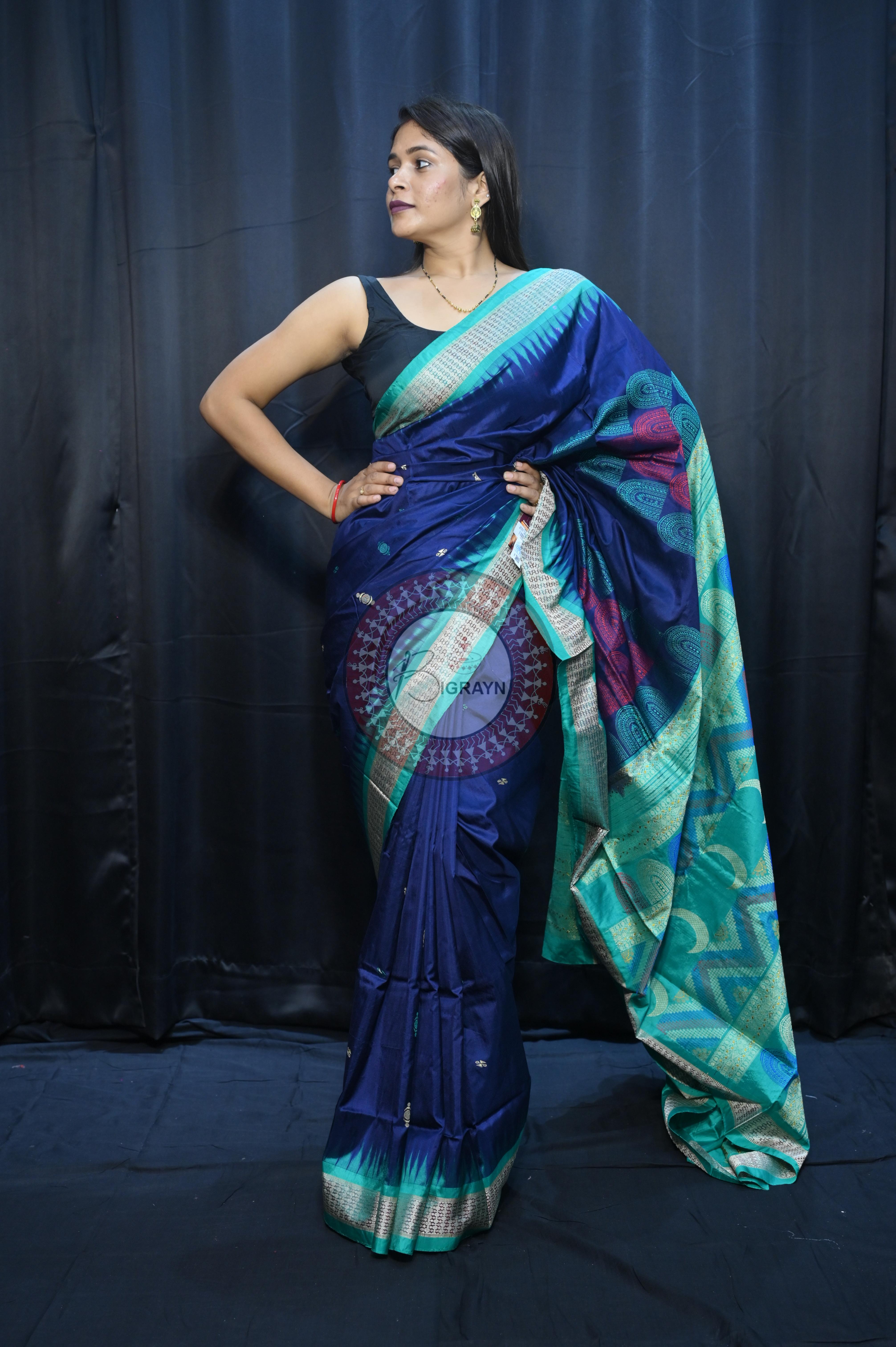 Teal Blue Sea Green Chandrama Exclusive Sambalpuri Silk Saree