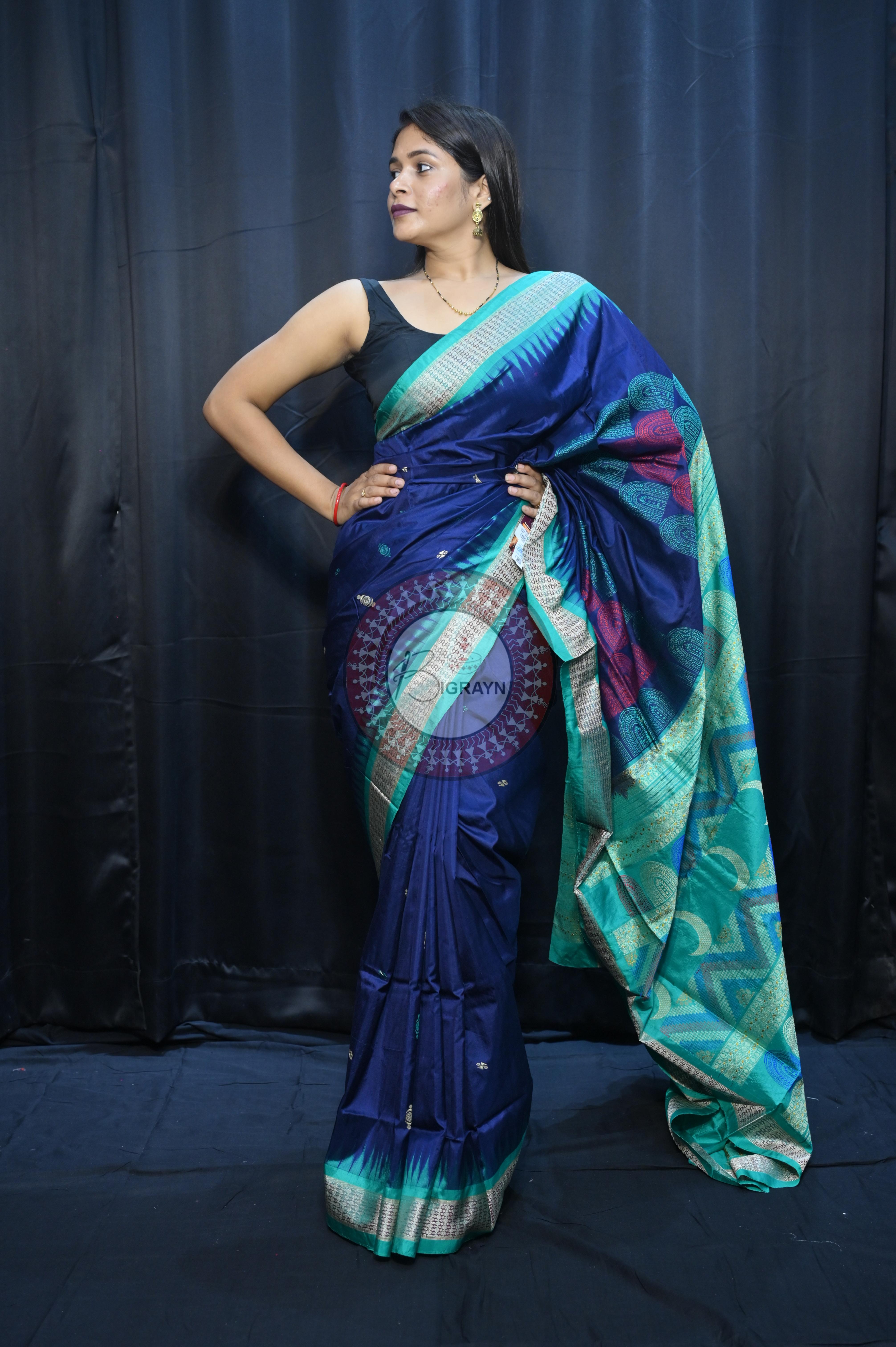 Teal Blue Sea Green Chandrama Exclusive Sambalpuri Silk Saree