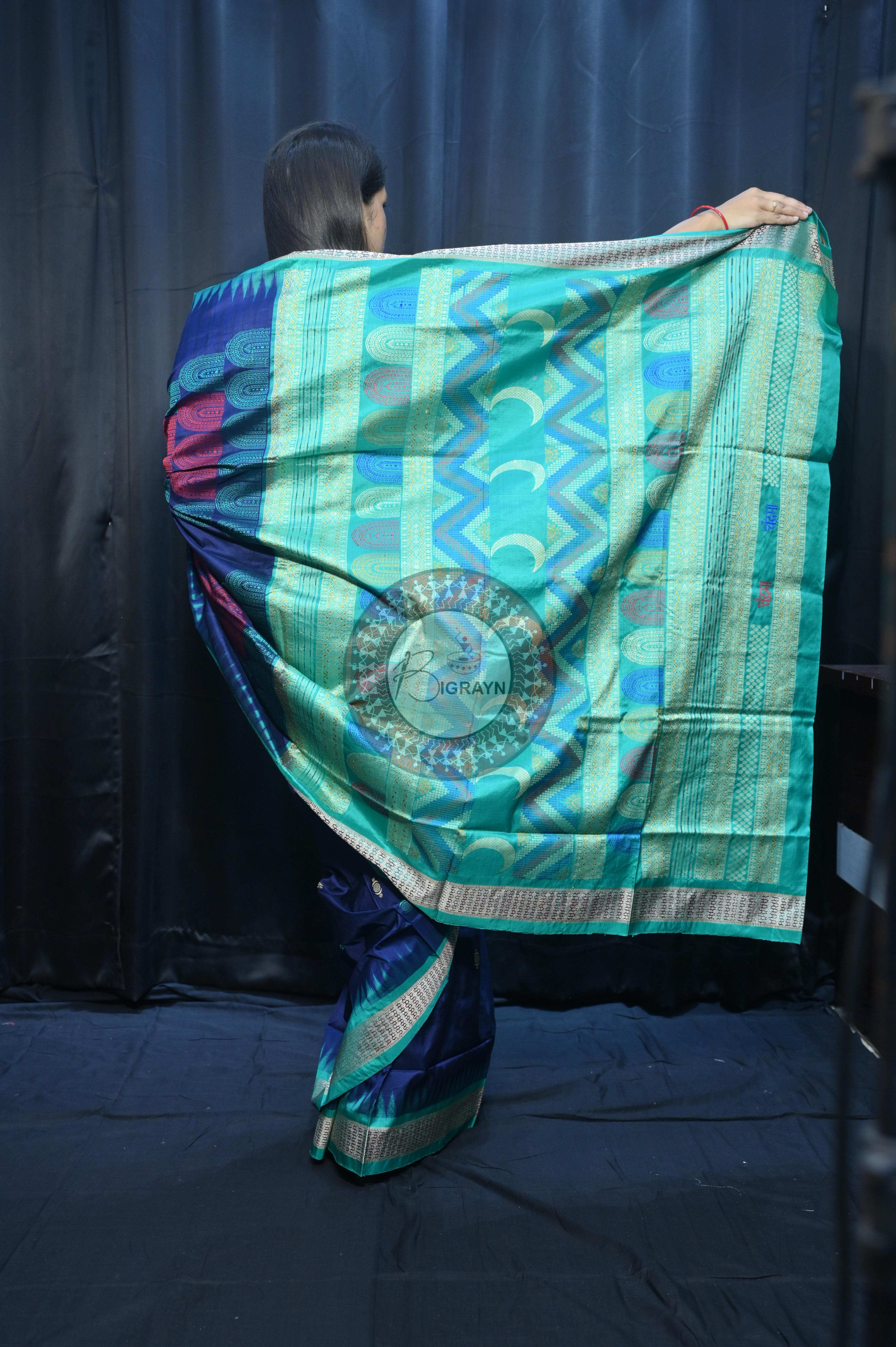 Teal Blue Sea Green Chandrama Exclusive Sambalpuri Silk Saree