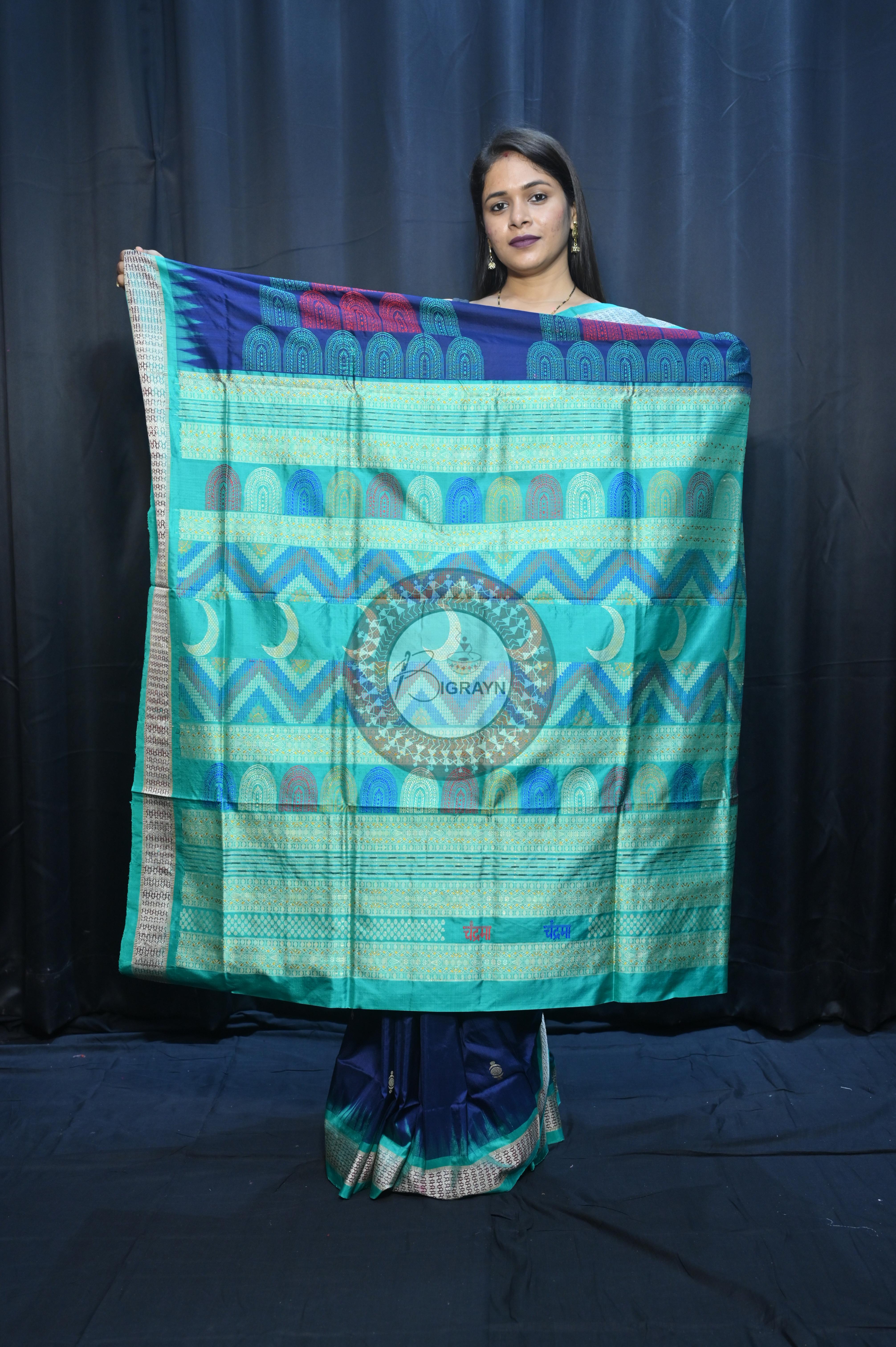 Teal Blue Sea Green Chandrama Exclusive Sambalpuri Silk Saree