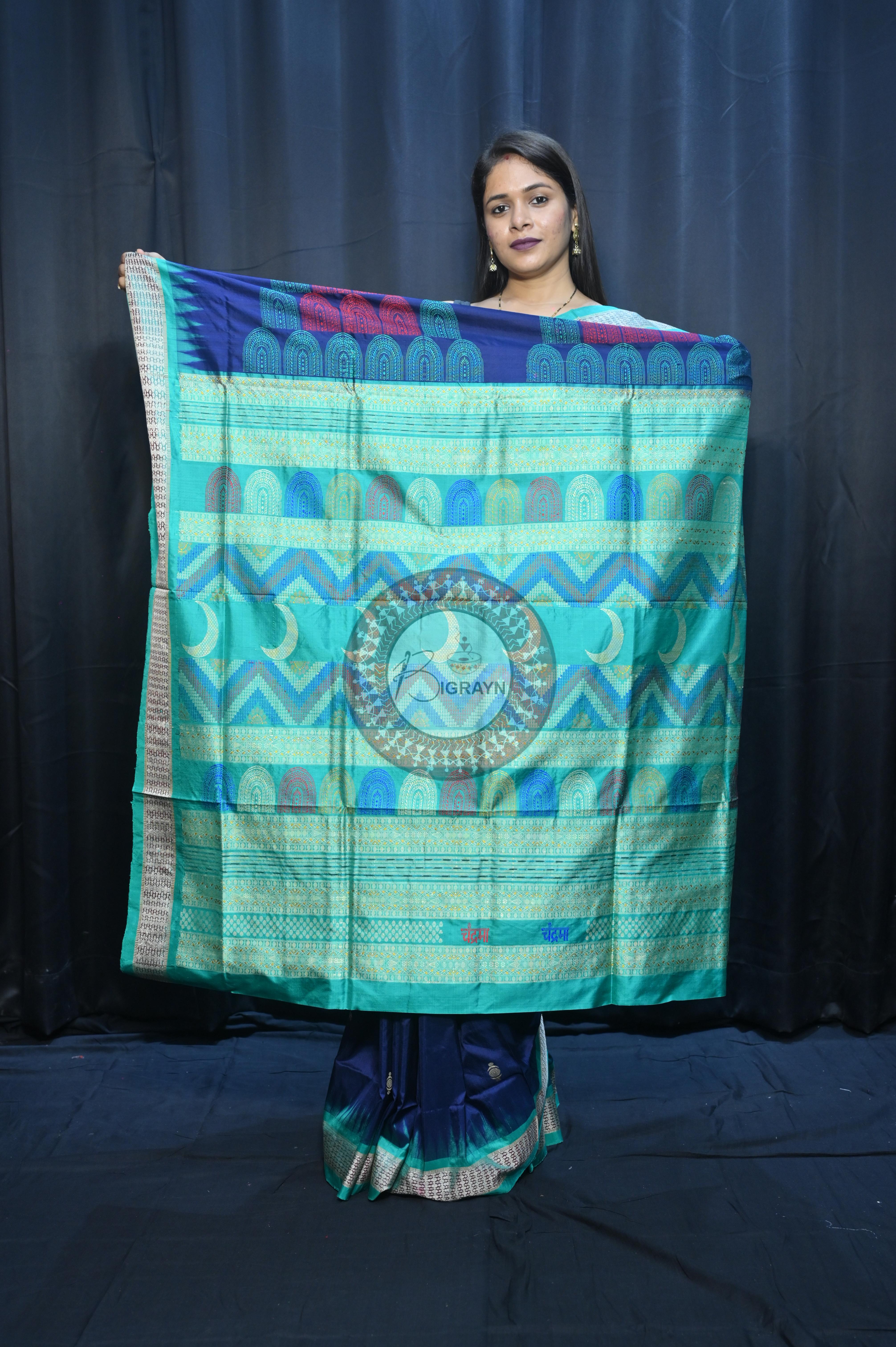 Teal Blue Sea Green Chandrama Exclusive Sambalpuri Silk Saree