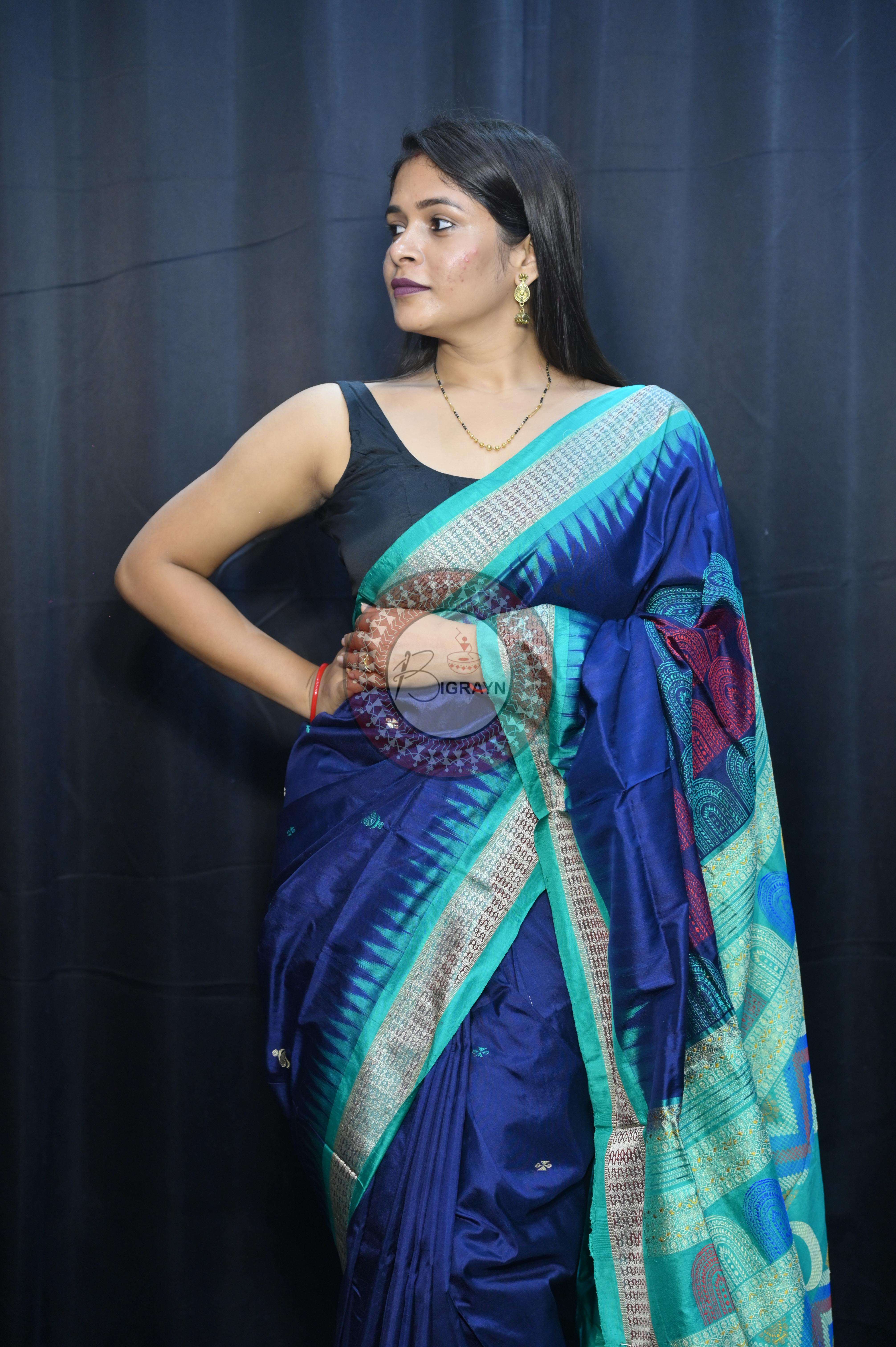 Teal Blue Sea Green Chandrama Exclusive Sambalpuri Silk Saree