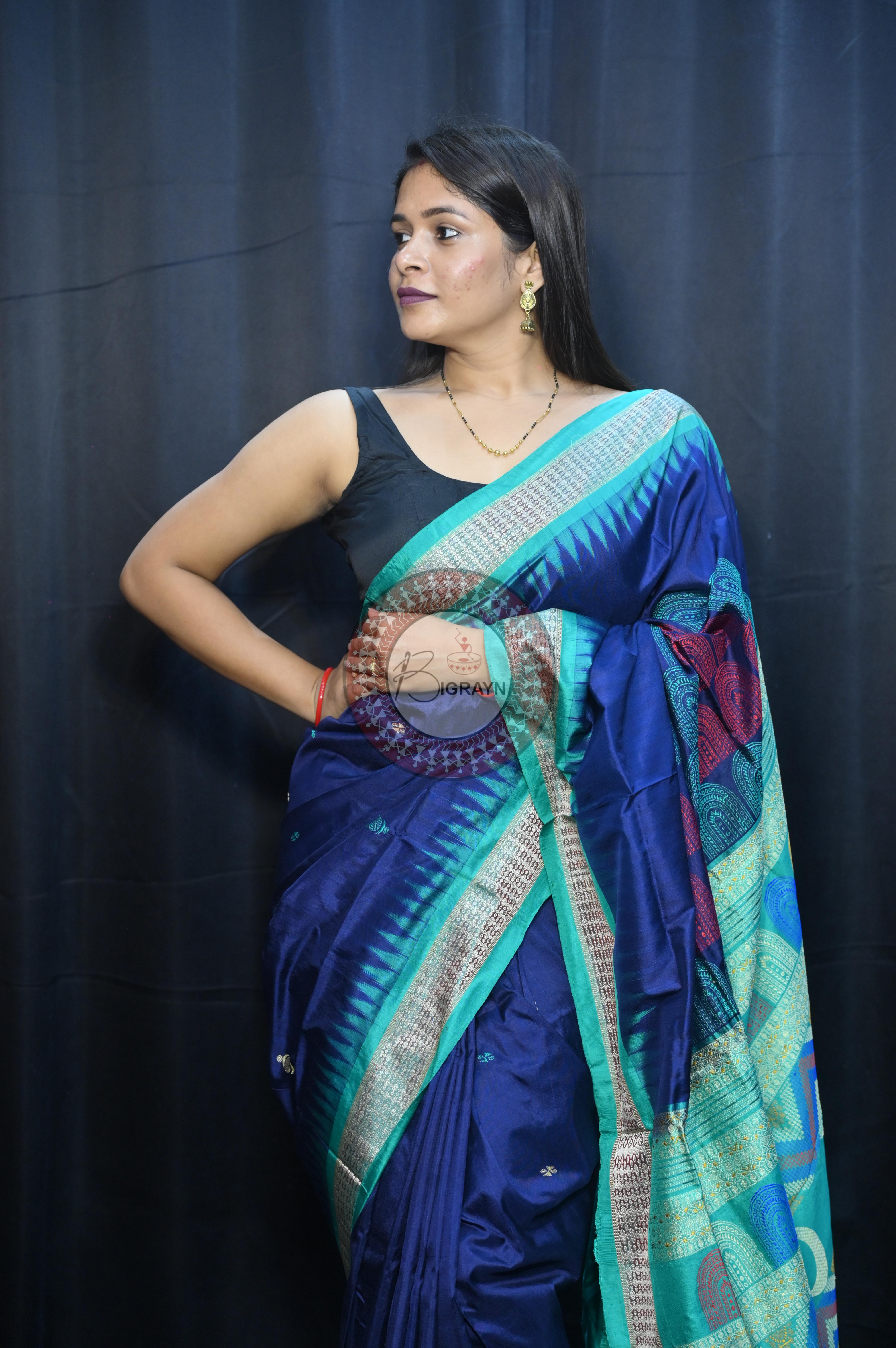 Teal Blue Sea Green Chandrama Exclusive Sambalpuri Silk Saree