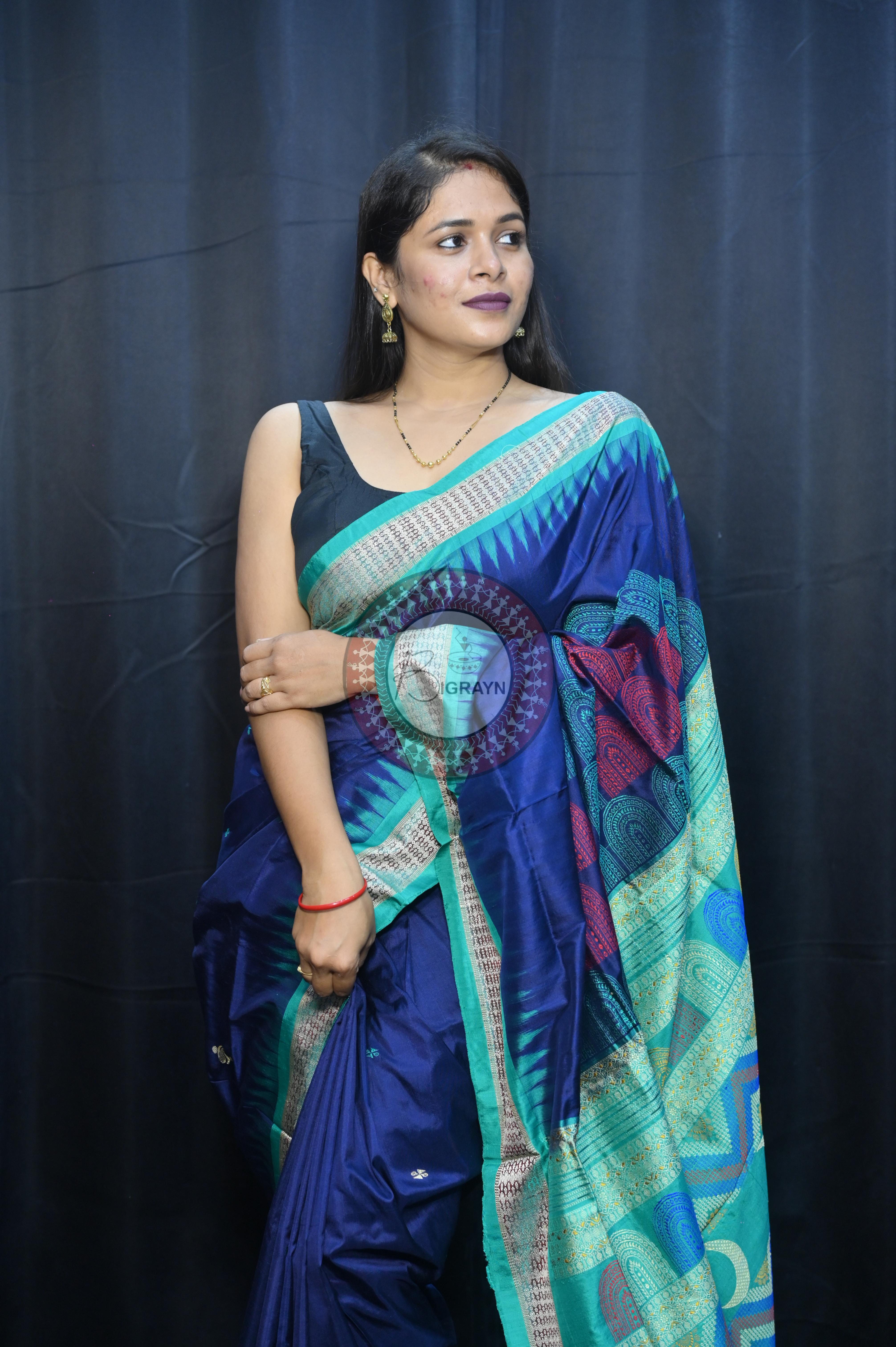 Teal Blue Sea Green Chandrama Exclusive Sambalpuri Silk Saree