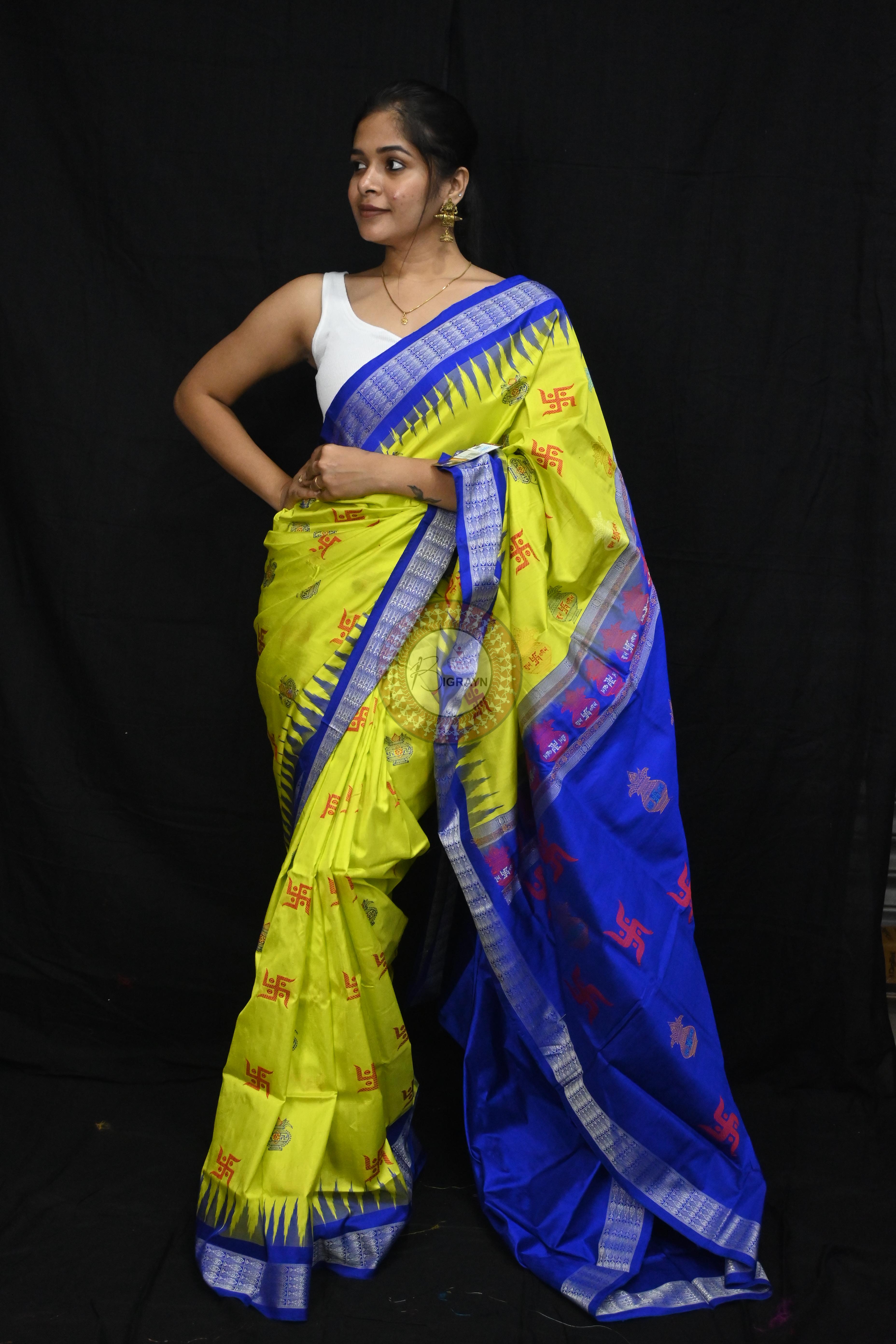 Lemon Yellow Blue Swastik Kalash Silk Saree