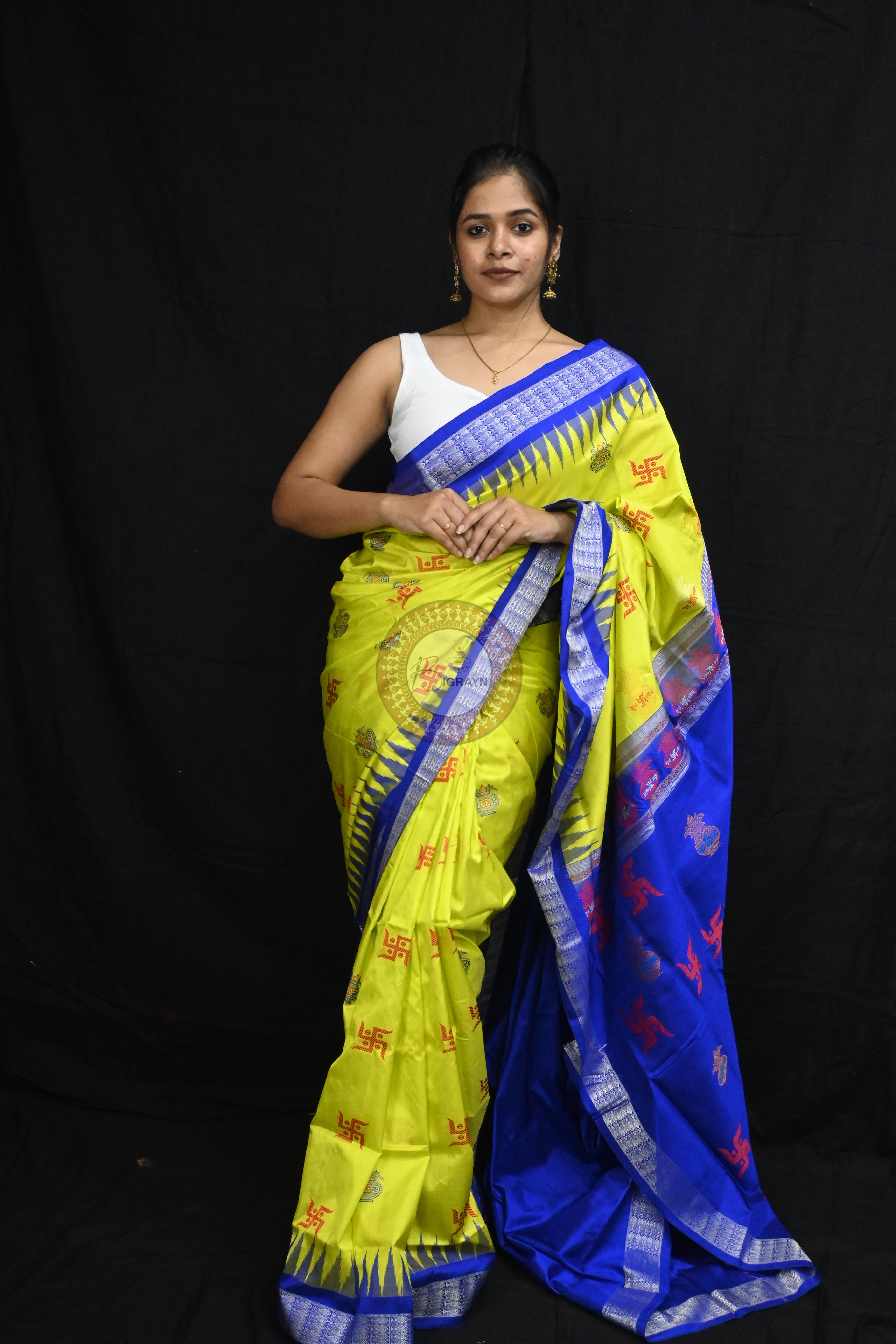 Lemon Yellow Blue Swastik Kalash Silk Saree