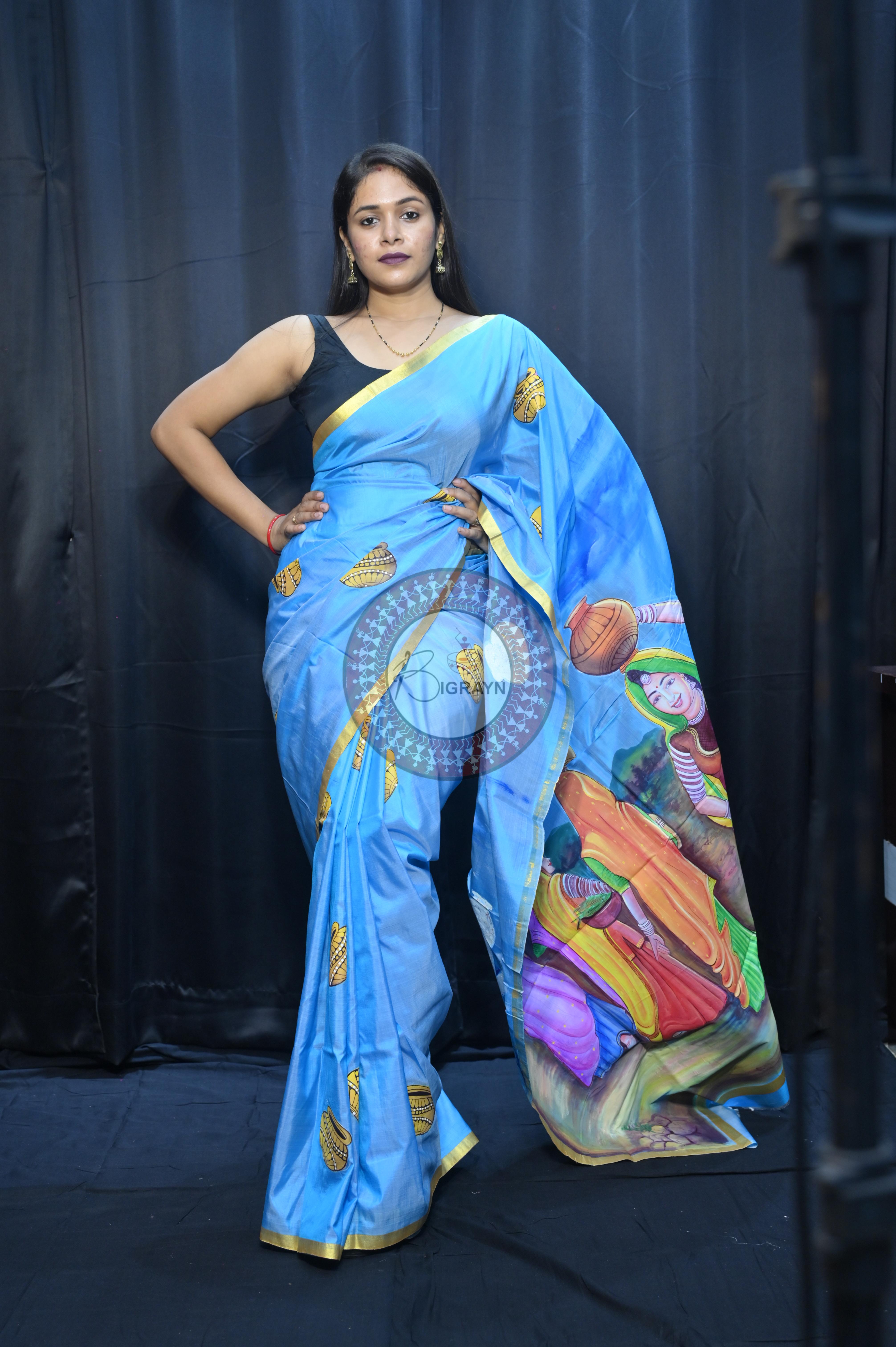 Sky Rajastani Art Theme Pattachitra Sambalpuri Silk Saree