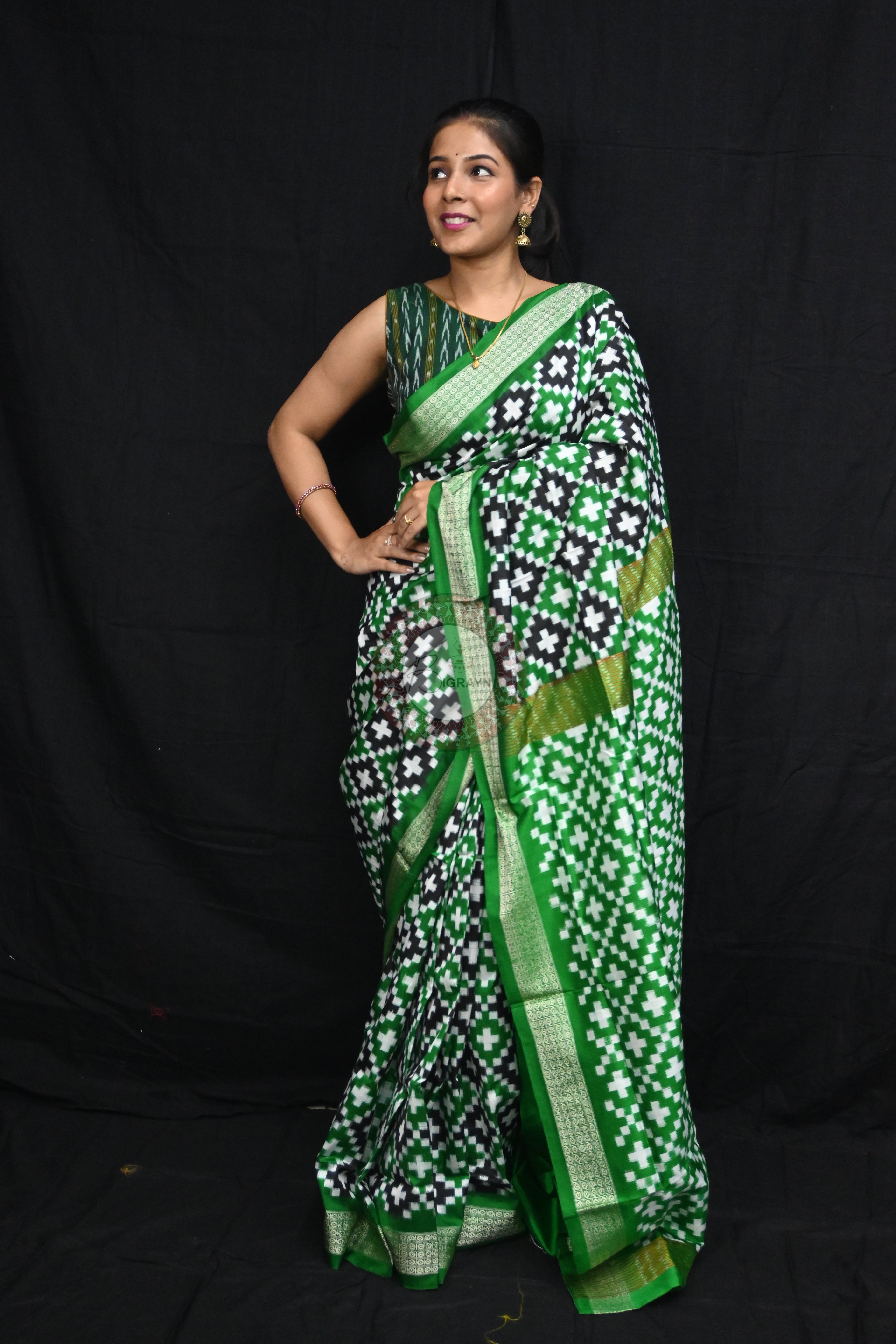 Green Black White Pasapali Sambalpuri Silk Saree