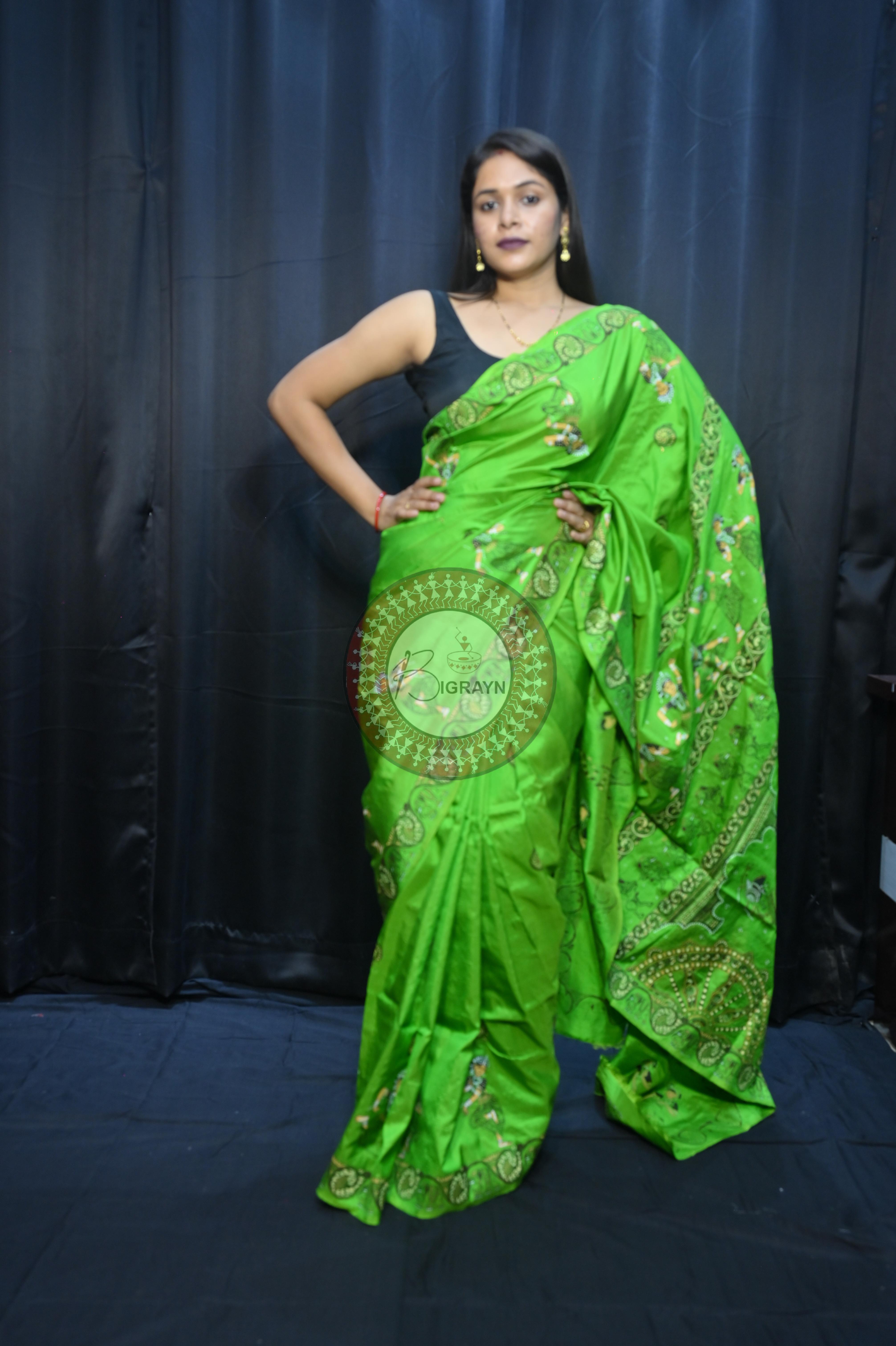 Parrot Green Konark Chakra And Dancer Theme Pattachitra Sambalpuri Silk Saree